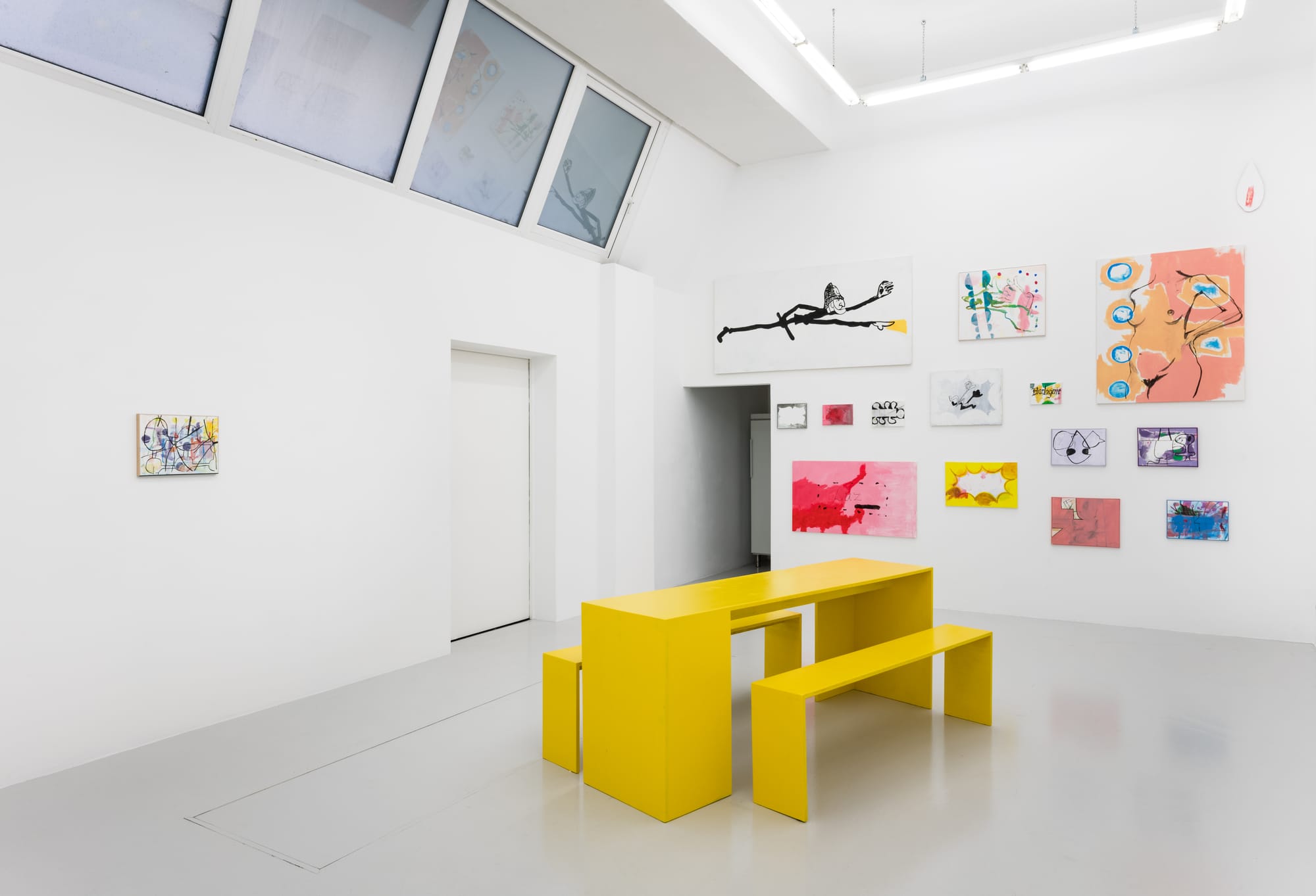 Installation view of Tom Król’s exhibition “25 Years Fiebach, Minninger” featuring large-scale paintings displayed in a gallery setting