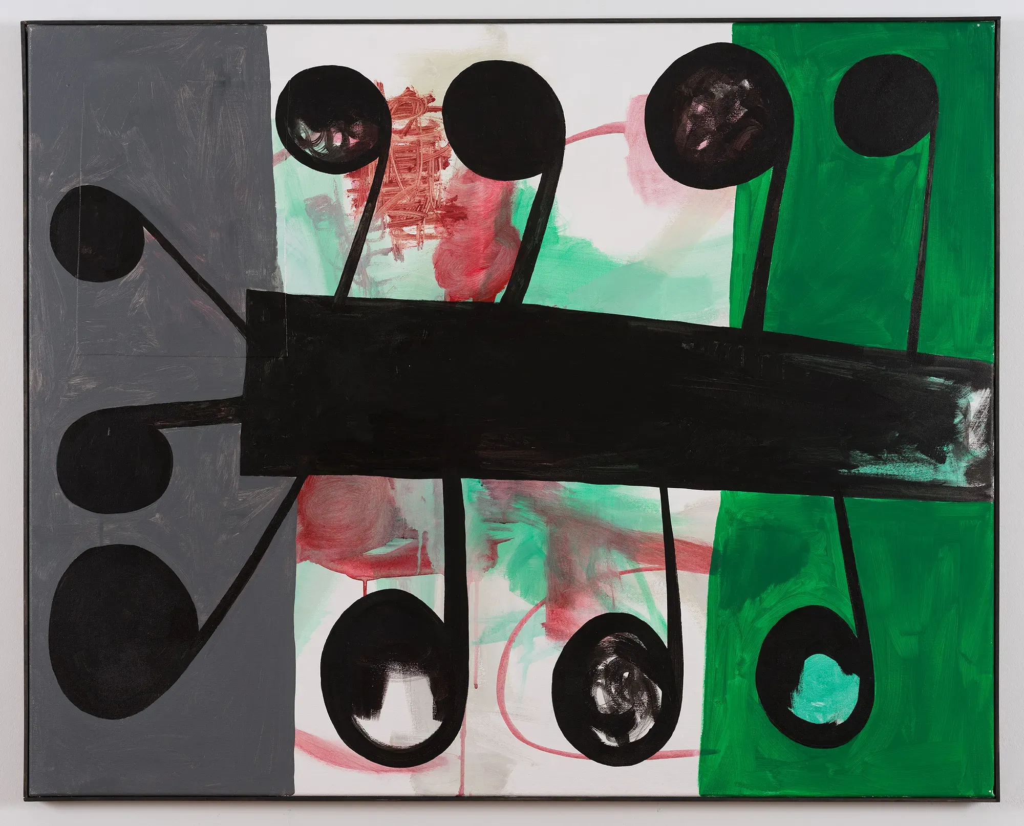 Tom Król, “Tree Green,” 2024, acrylic on canvas, abstract composition with bold black circular forms connected by lines over grey, white, red and green painted fields.