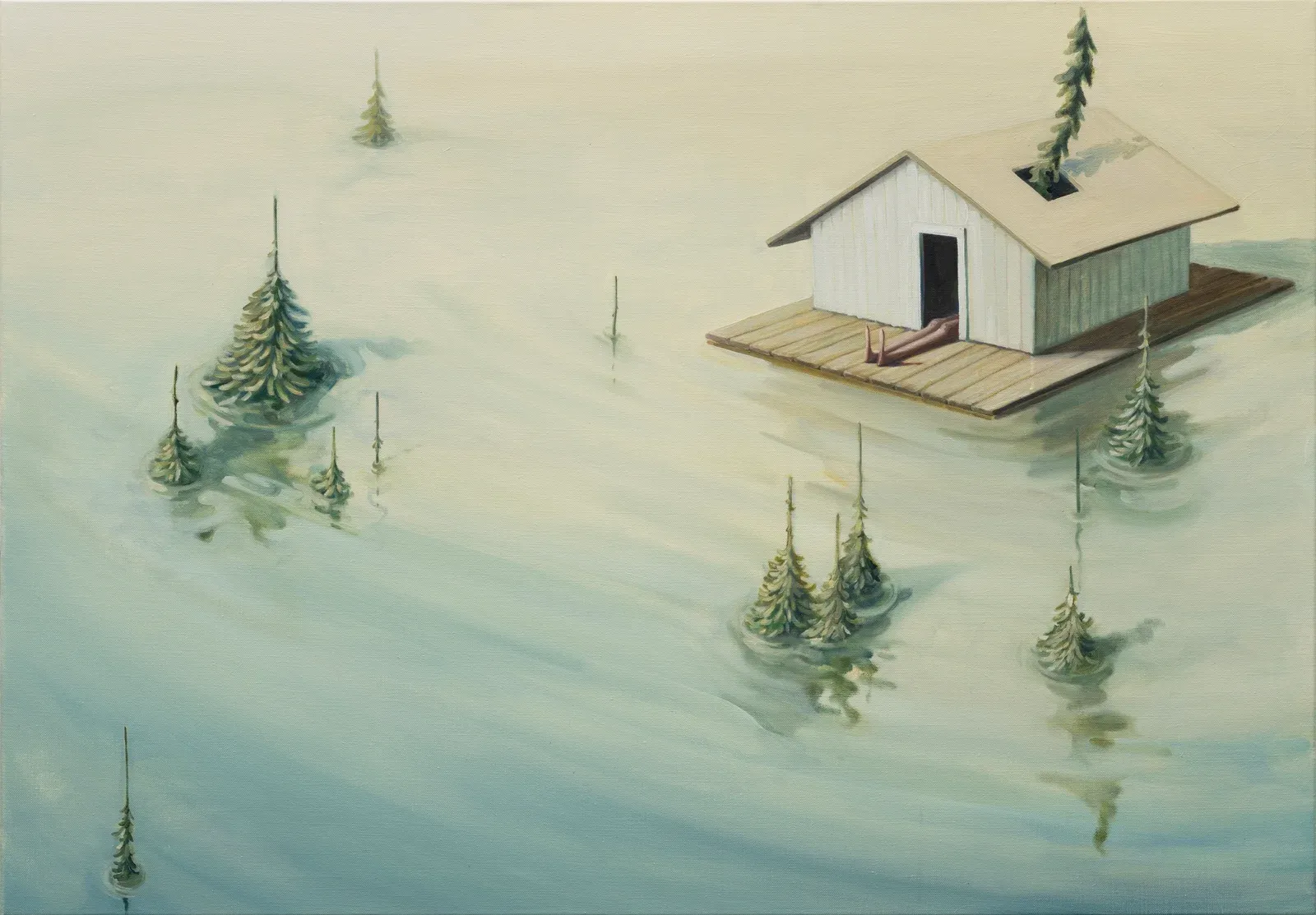 Figurative oil painting by Jeehye Song showing isolated house in water landscape, contemporary painting.