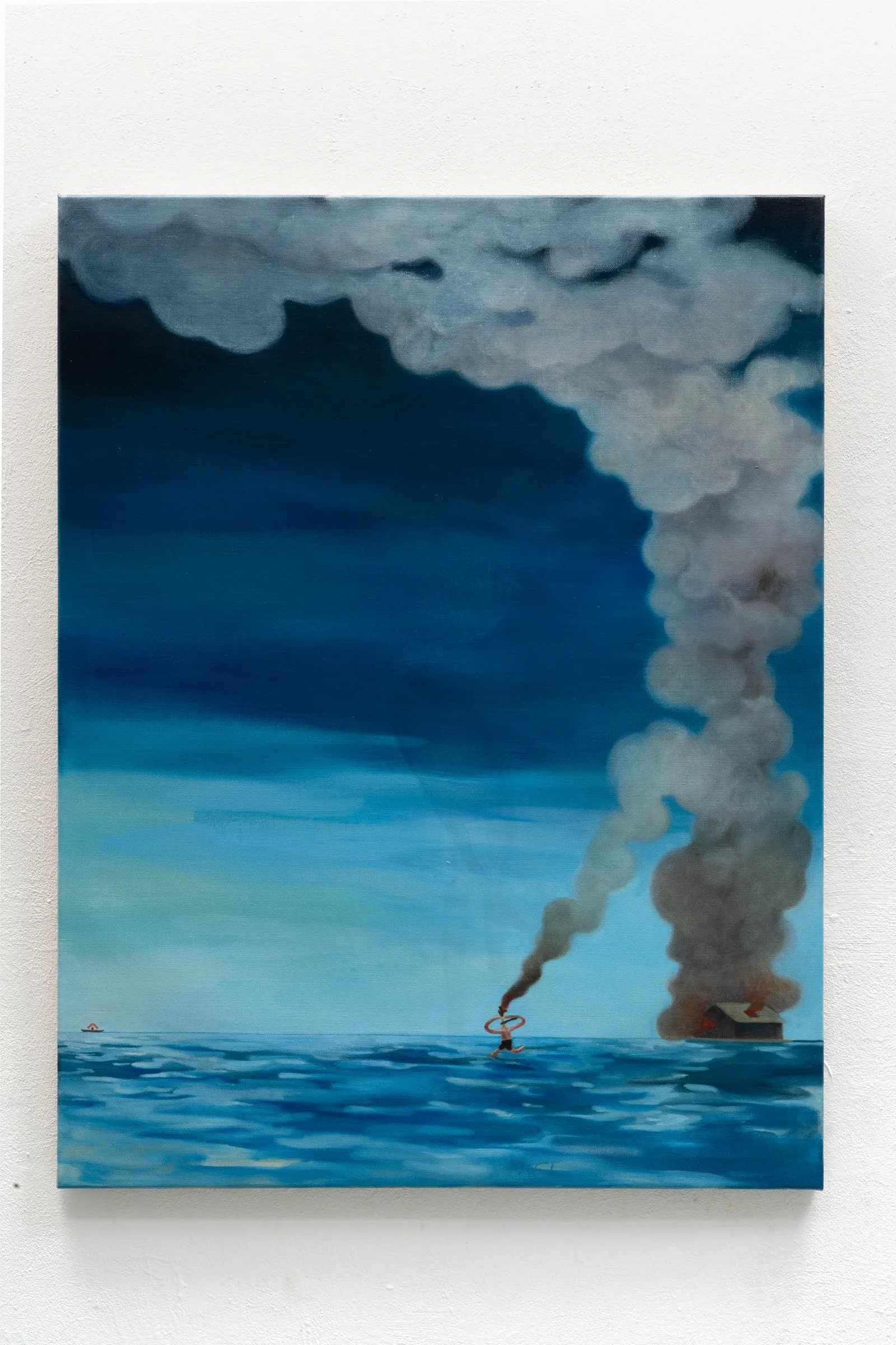 Contemporary oil painting by Jeehye Song depicting figure in open sea with rising smoke and burning structure on horizon.