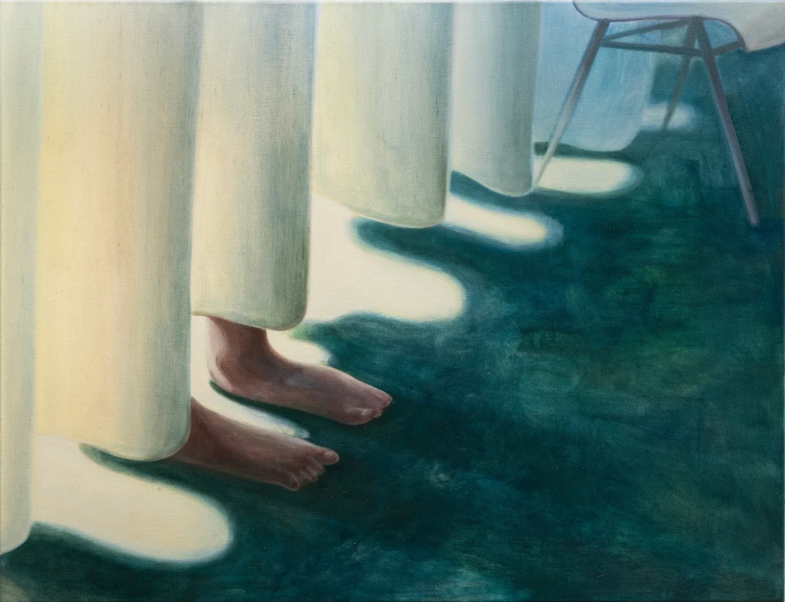 Contemporary figurative oil painting by Jeehye Song showing bare feet behind curtain with strong light and shadow in interior space.
