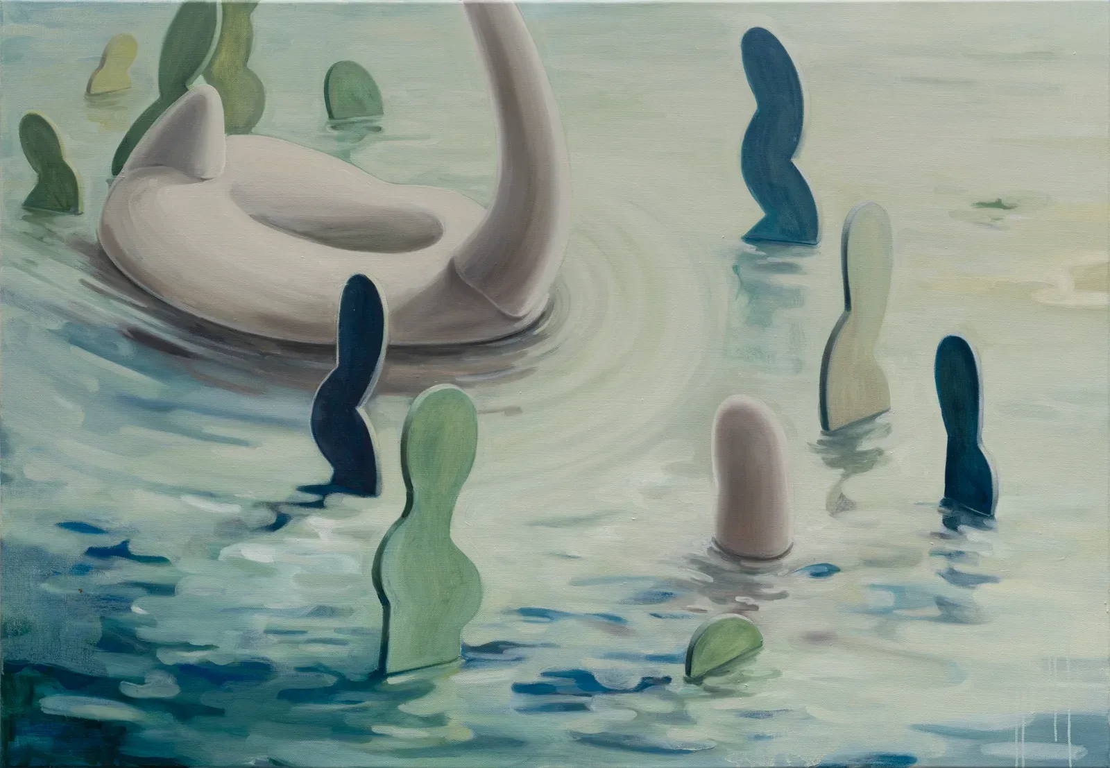 Contemporary oil painting by Jeehye Song with floating organic forms in water scene.