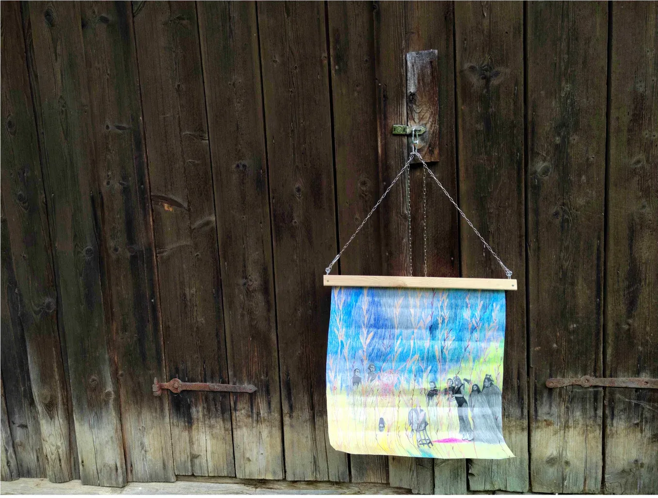 julia zöhrer, artist, works on paper, presented in fron of a barn, emerging artist from austria