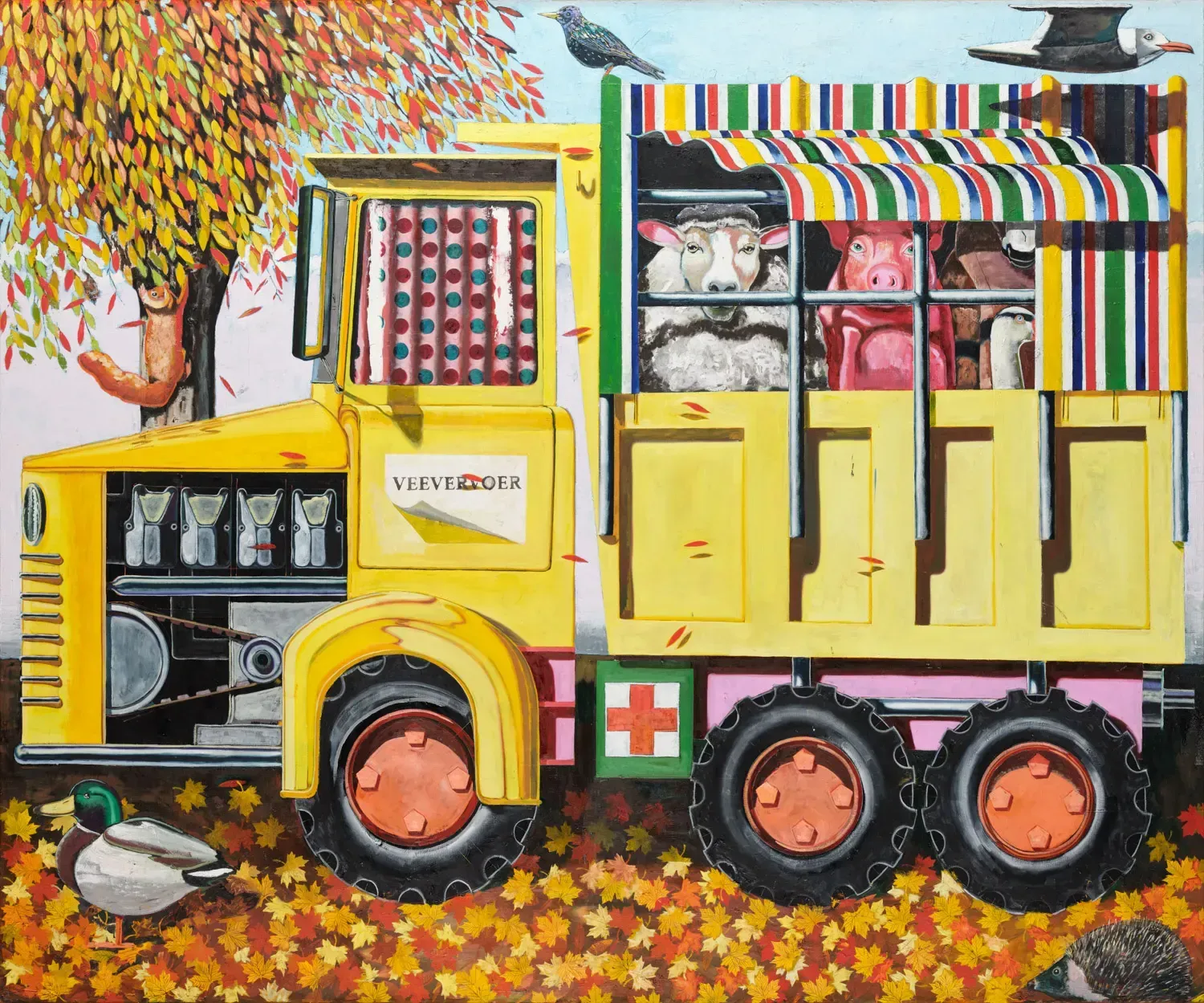 Kristof Santy, painting, figurative, animals and yellow truck