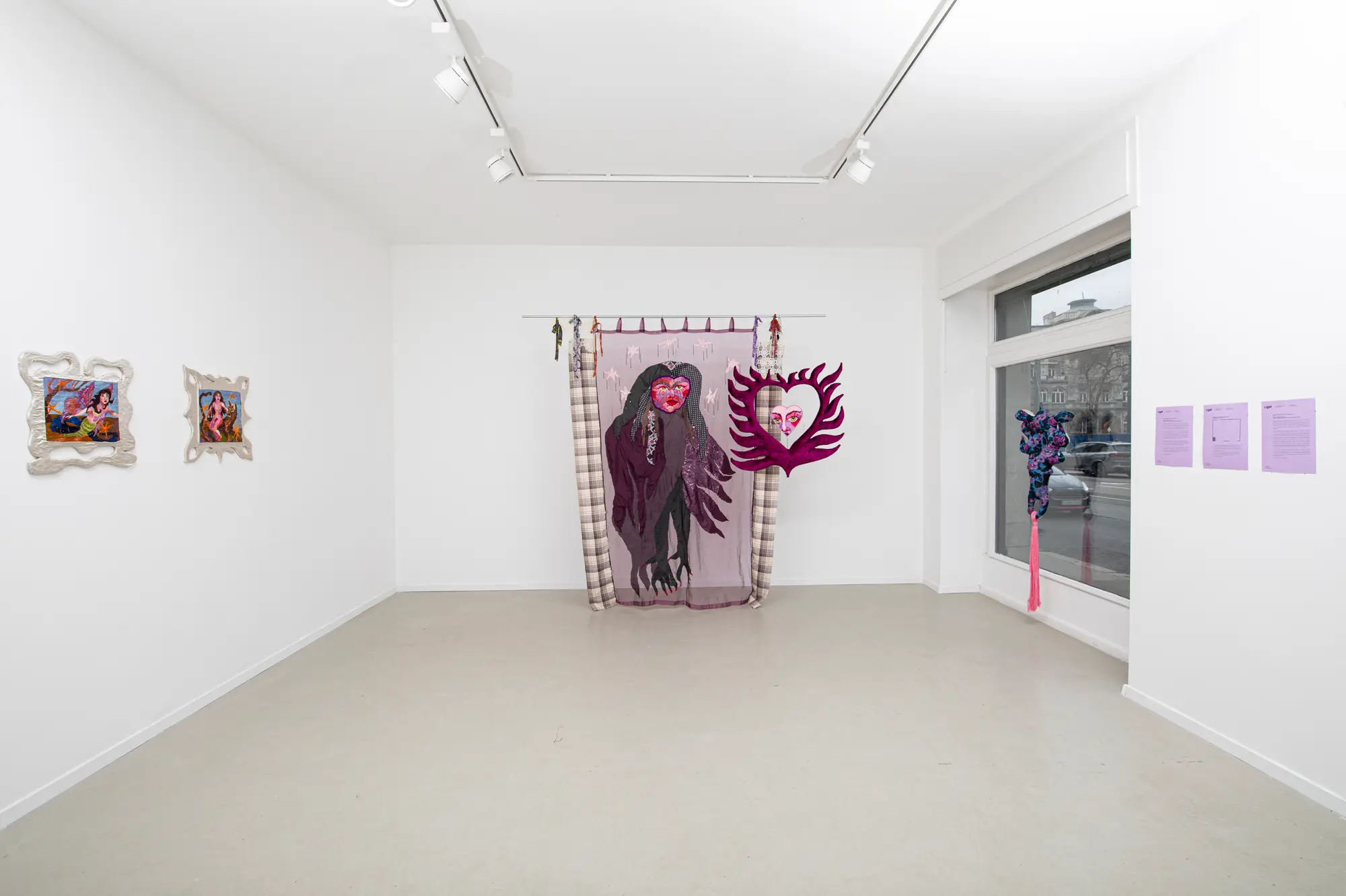 Legit Gallery Budapest exhibition view Boglárka Dankó, Heresy in the Small Hours textile works and installation colorful and figurative