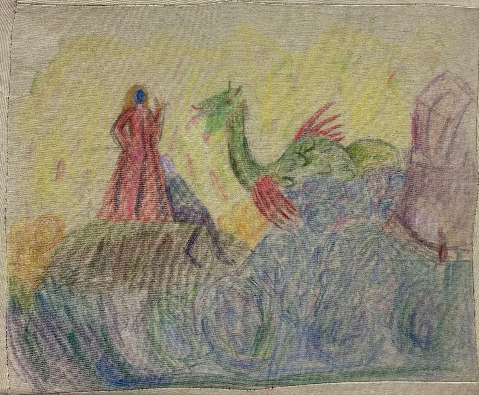 Small-scale figurative work by Magdalena Maller with symbolic figures and mythical creature, colored pencil on canvas, 2025.