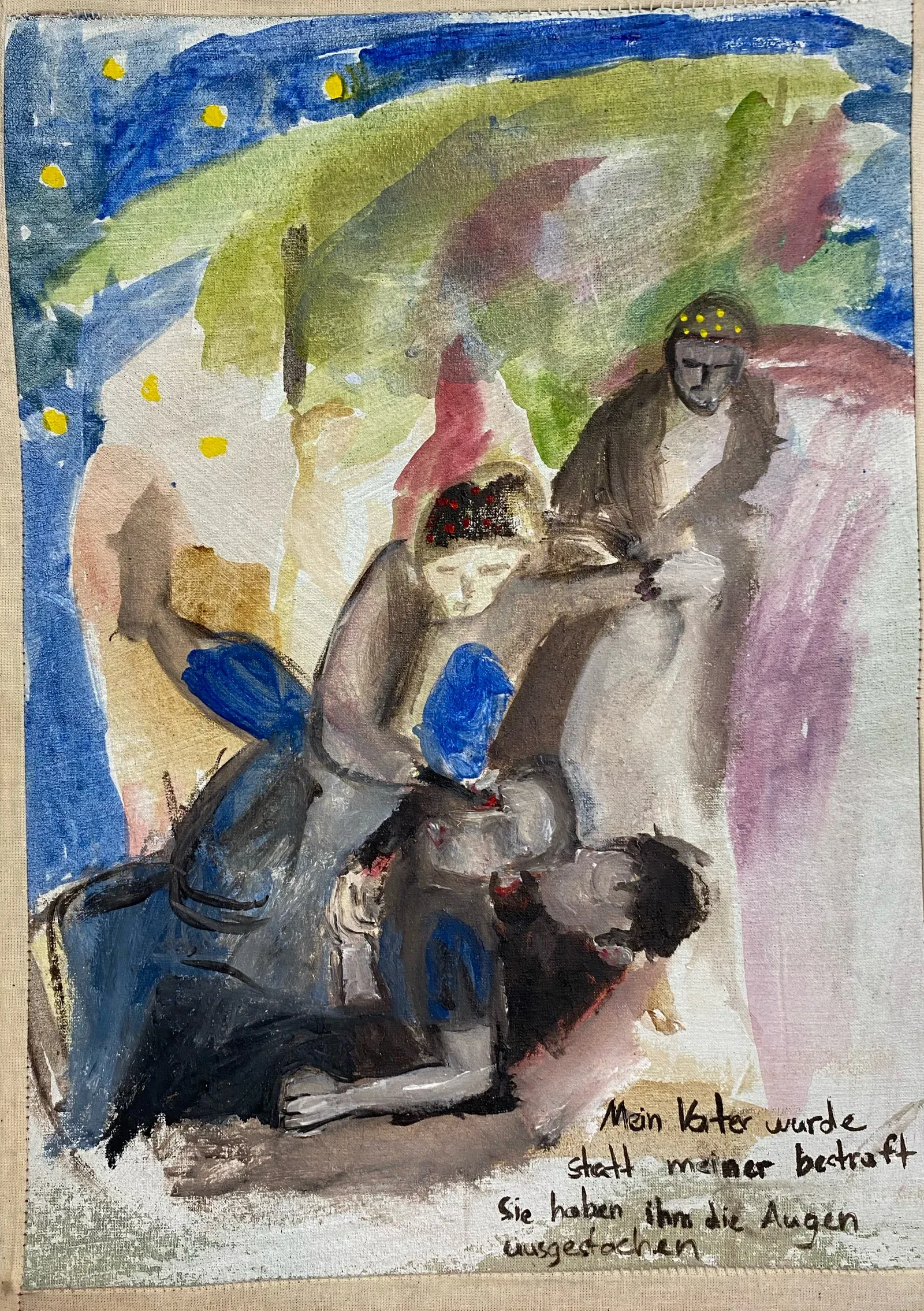 Painting by Magdalena Maller depicting violent figurative scene with multiple figures, text inscription on canvas, pigment and oil on canvas, 2025.