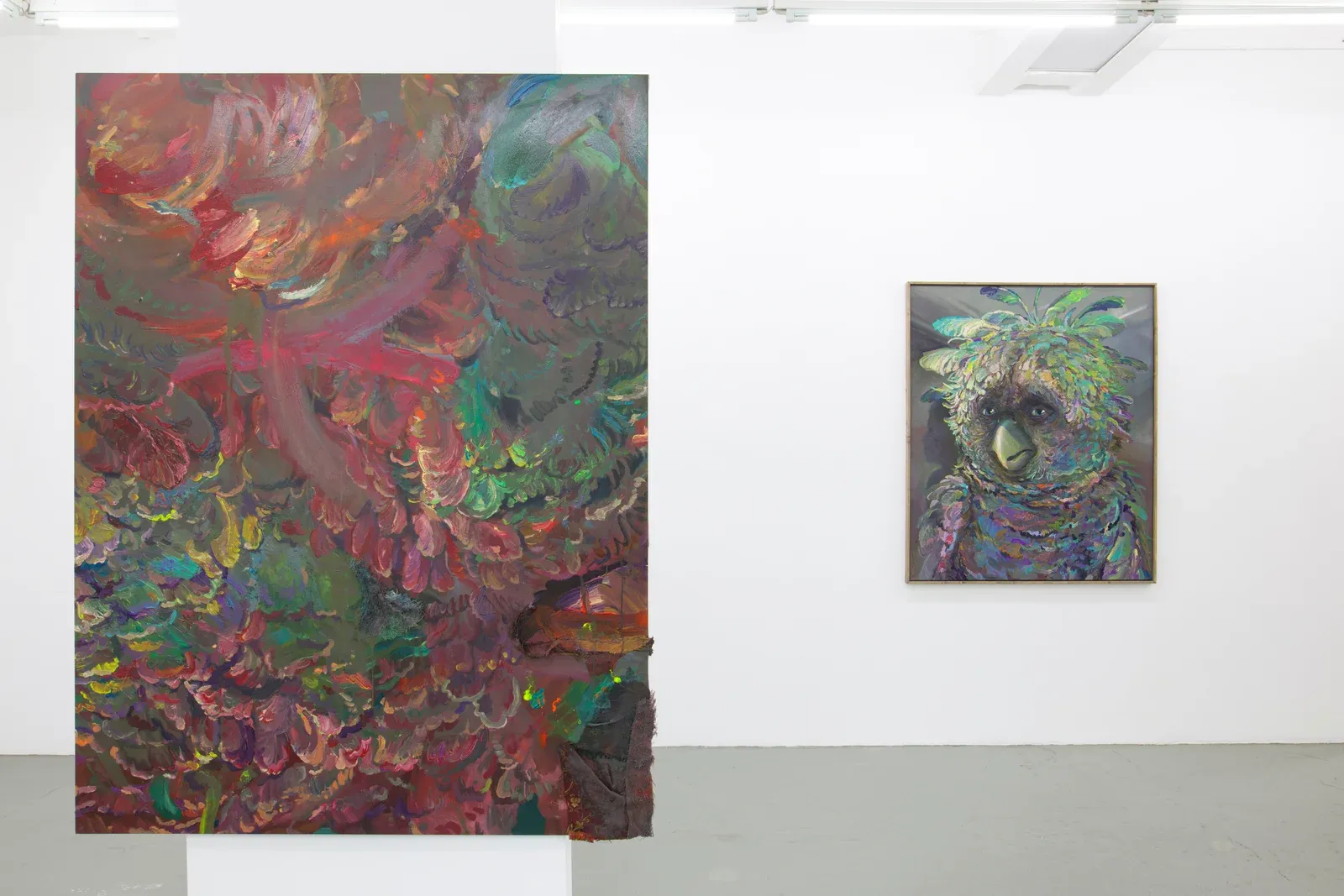 Installation view of Michele Gabriele’s solo exhibition Brambora at Kaly Gallery in Lucerne, featuring large-scale painting and sculptural elements.