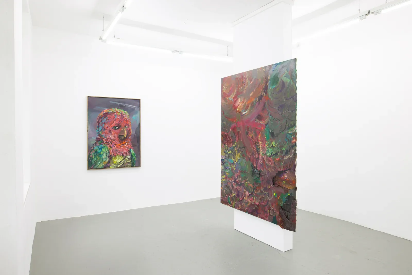 Gallery installation view of Michele Gabriele’s paintings and sculptural elements presented in the solo exhibition Brambora at KALI Gallery.