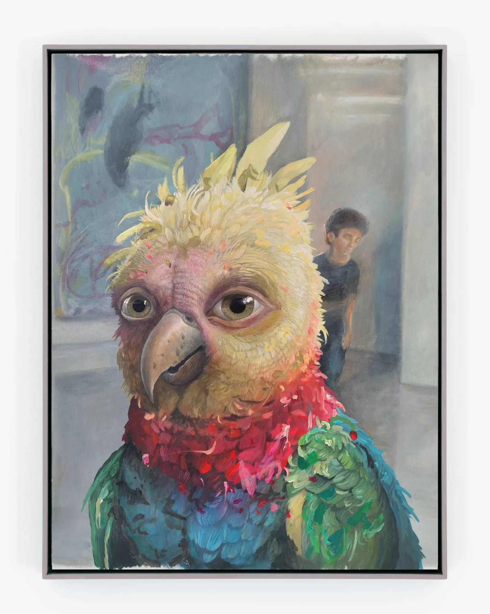Framed acrylic portrait by Michele Gabriele depicting a parrot figure rendered through expressive, layered brushwork.