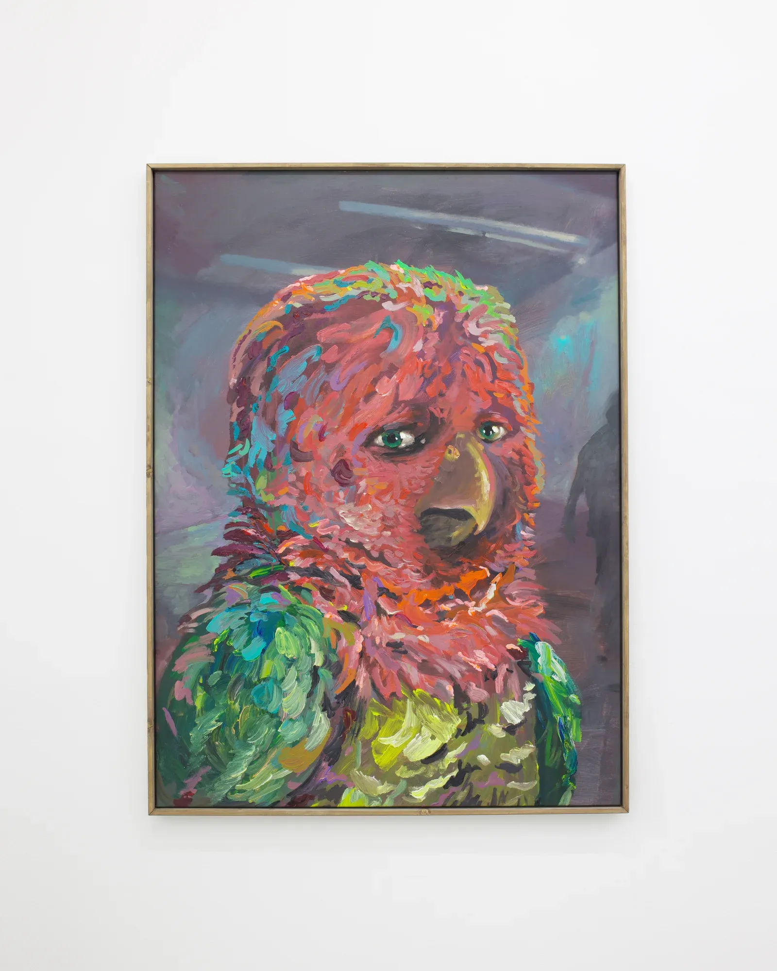 Acrylic portrait painting by Michele Gabriele depicting a parrot with expressive texture and muted emotional tone, exhibited at KALI Gallery.