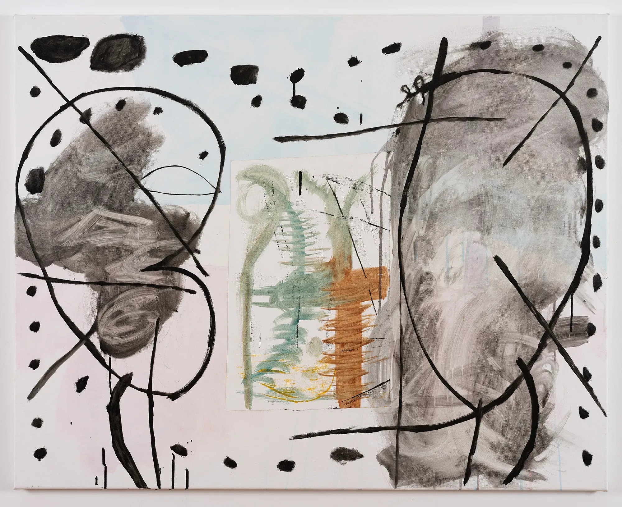 Tom Król, “Untitled,” 2023, acrylic on canvas, large abstract composition with black gestural lines, grey painted fields and a central inserted paper element with green and ochre brushstrokes.