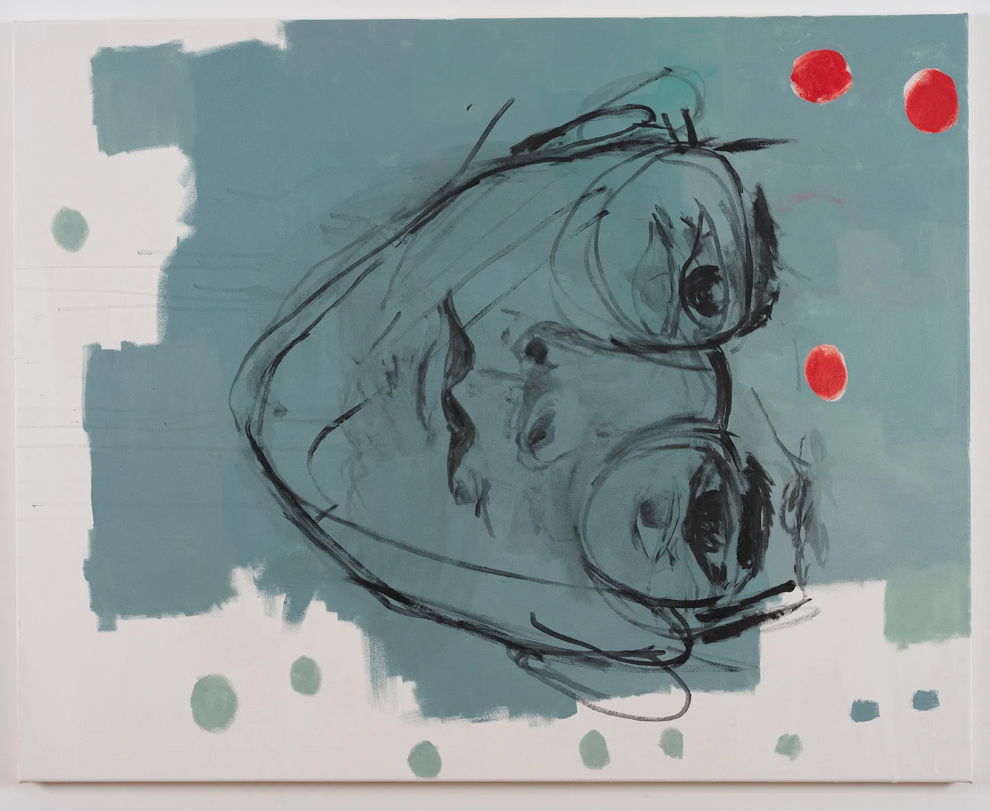 Tom Król, “Self-Portrait (Red Dots),” 2024, acrylic and charcoal on canvas, expressive portrait with gestural black lines over a muted blue background and bright red circular accents