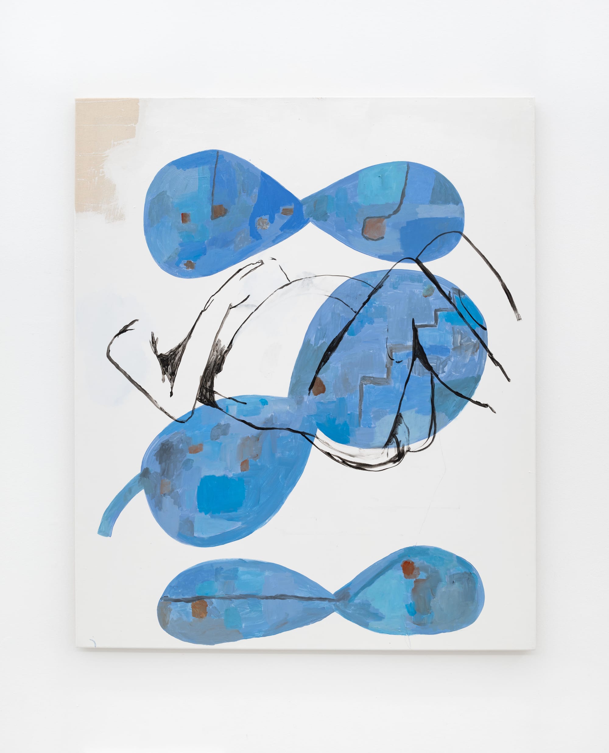 Abstract acrylic painting by Tom Król with blue rounded forms and black gestural lines on white background.