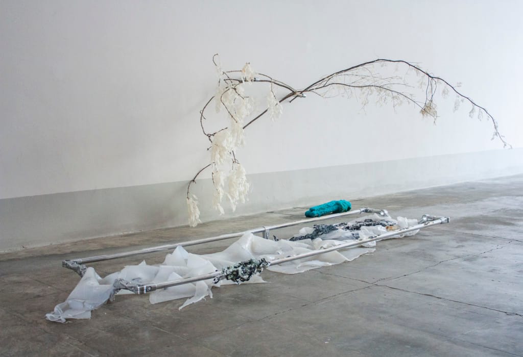 Luca Vanello Generous Images Unable To Reach installation with suspended organic material and textile-derived elements arranged in elongated floor composition