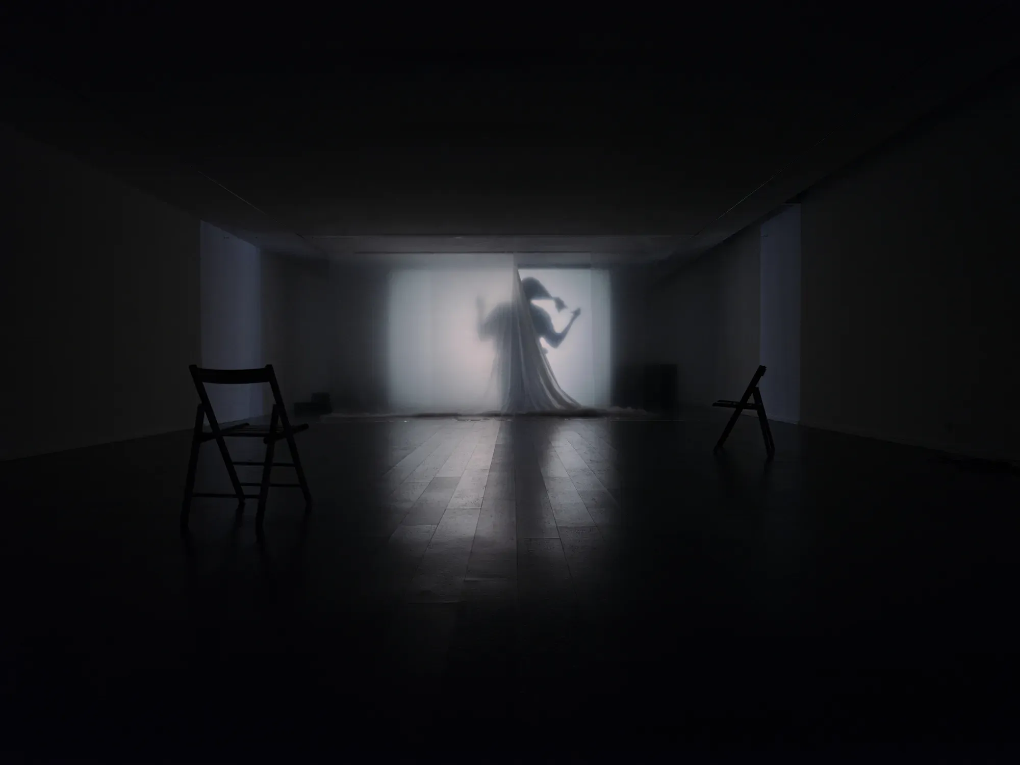 Shadowy performance scene by Louise Hervé and Chloé Maillet showing a silhouetted figure behind a translucent screen in the exhibition “Stitches: A Haunted House and Other Ghost Stories” at Villa Bernasconi, 2026.