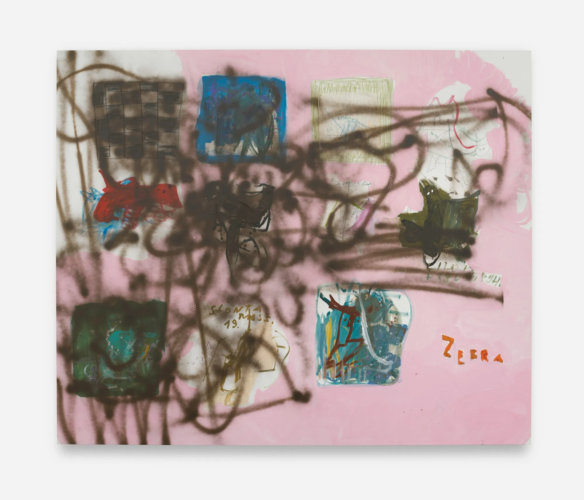 Untitled painting by Andrey Samarin featuring layered graffiti-like lines, collage elements and abstract shapes in acrylic, spray paint, oil stick and graphite on pink canvas.