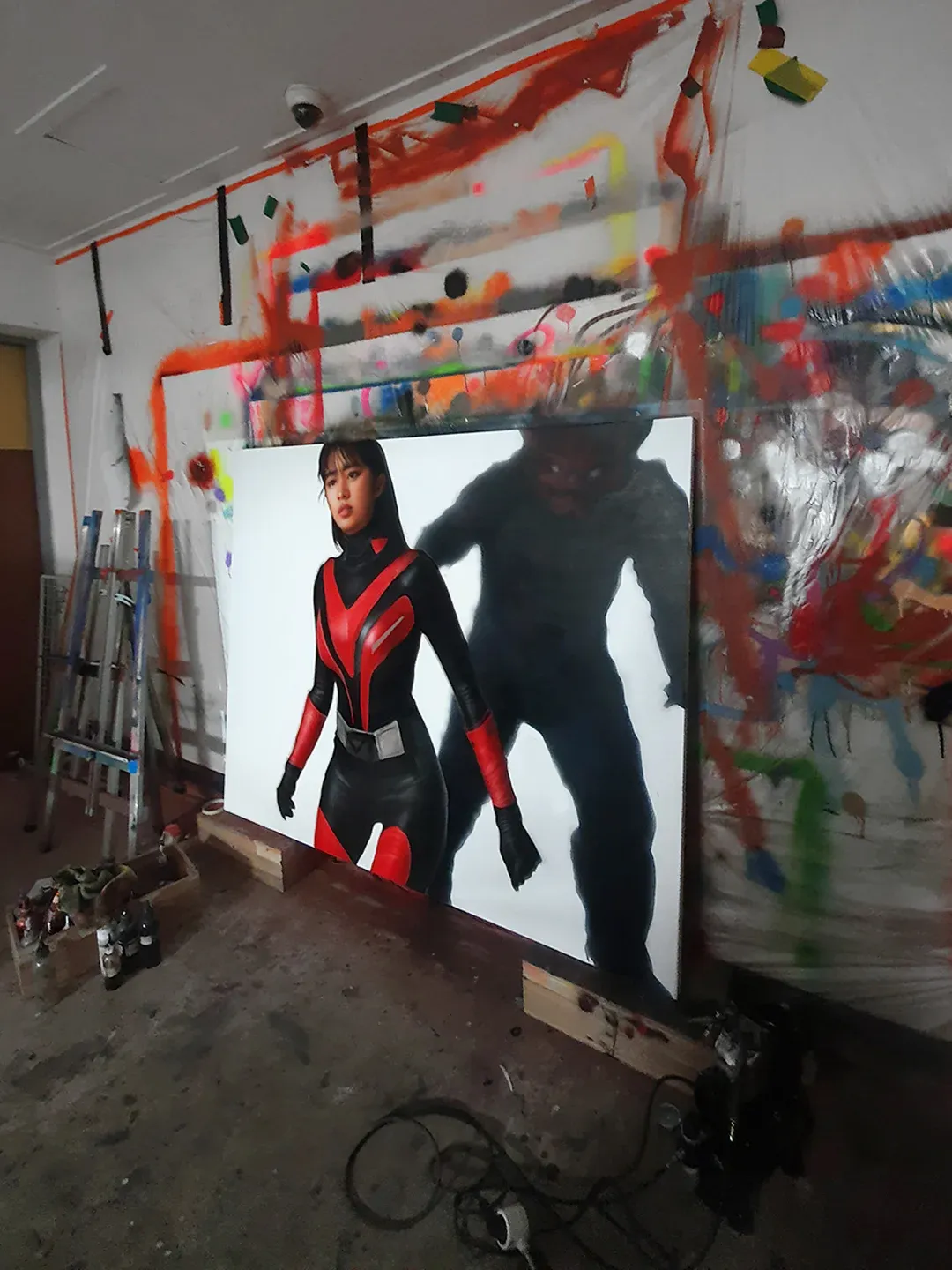 P.Kim Kimtaegi studio with large figurative painting from the Between Mask and Body series.