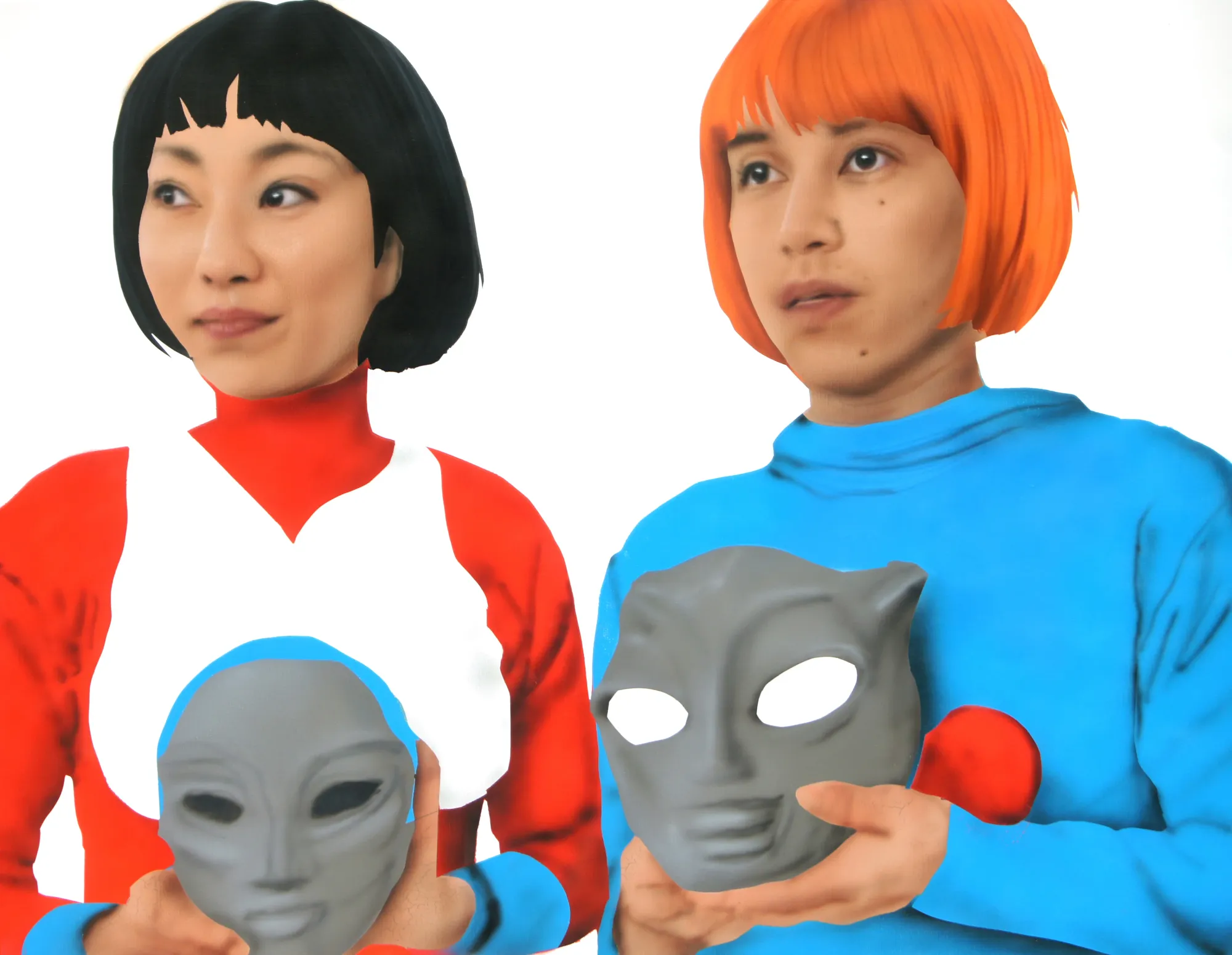 P.Kim Kimtaegi painting Calibrated Mask Wavering Self showing two women holding grey masks.