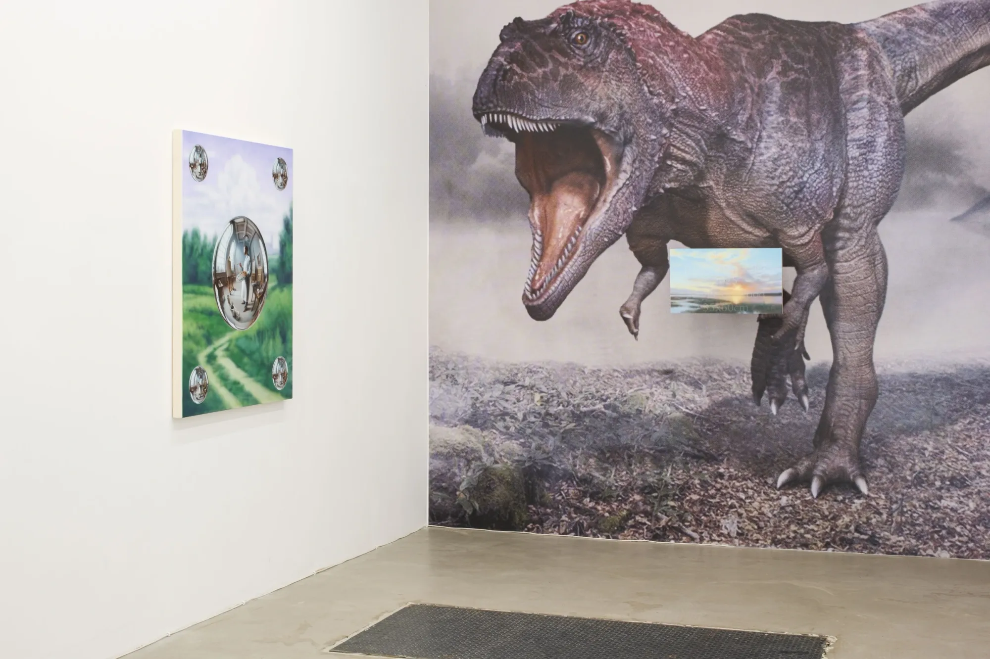 Installation view of Paul Riedmüller at Punta Gallery Sofia featuring wall work alongside large dinosaur mural creating contrast between image scales
