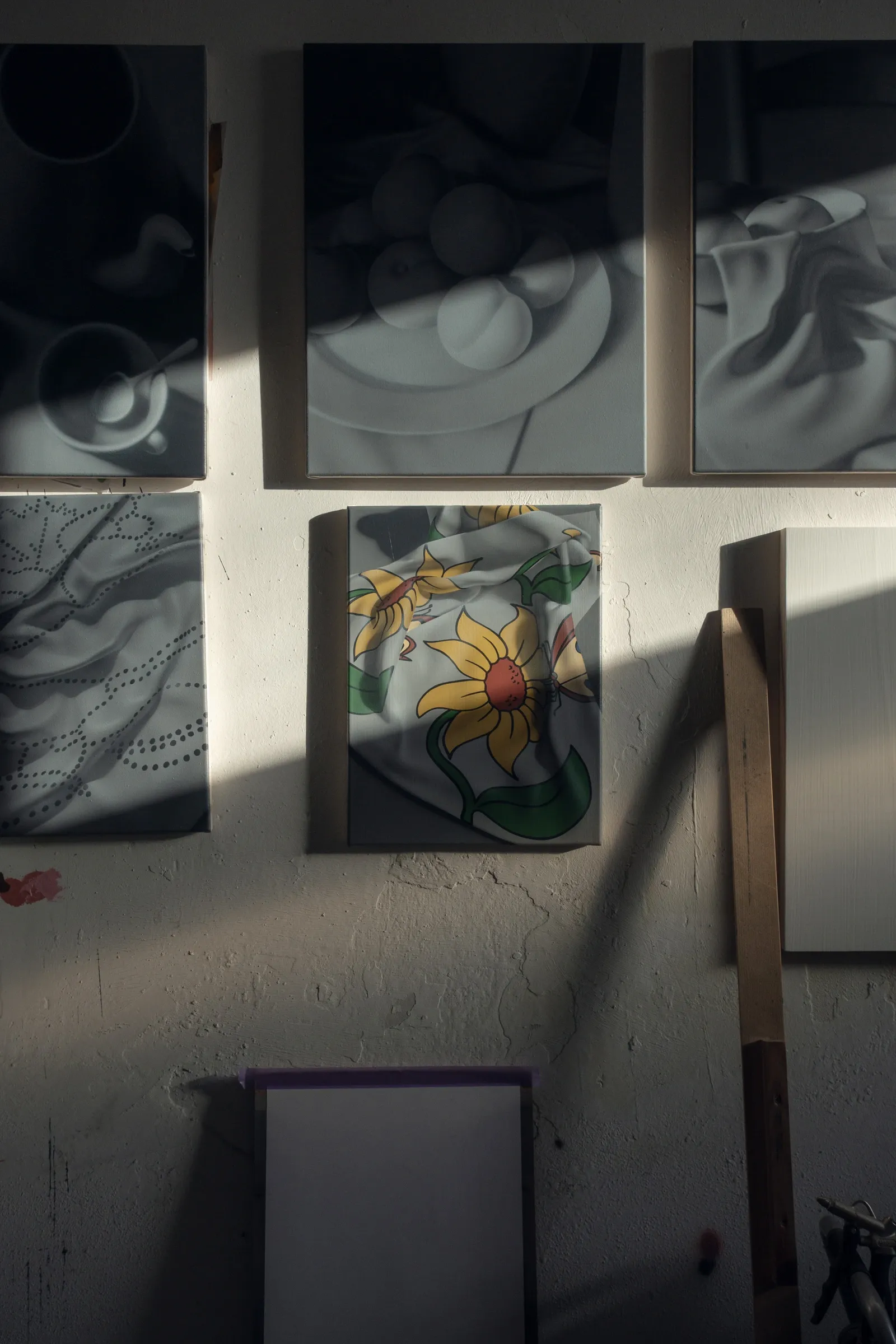 Studio view of paintings by Paul Riedmüller in Vienna showing wall-mounted canvases with still life and patterned imagery illuminated by directional light and shadow