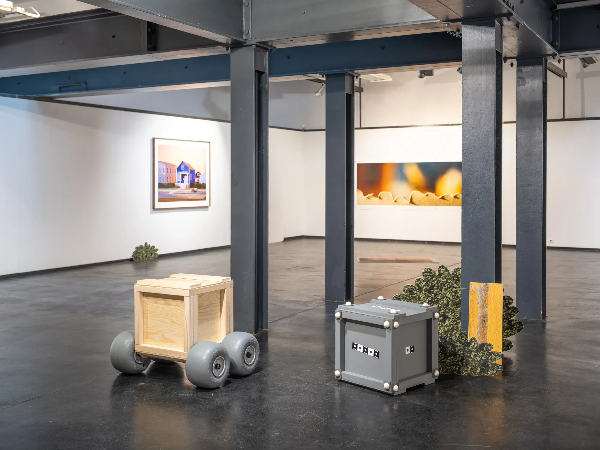 Carlo zappalla, exhibition view, with crates and digital realistic pigment prints, 