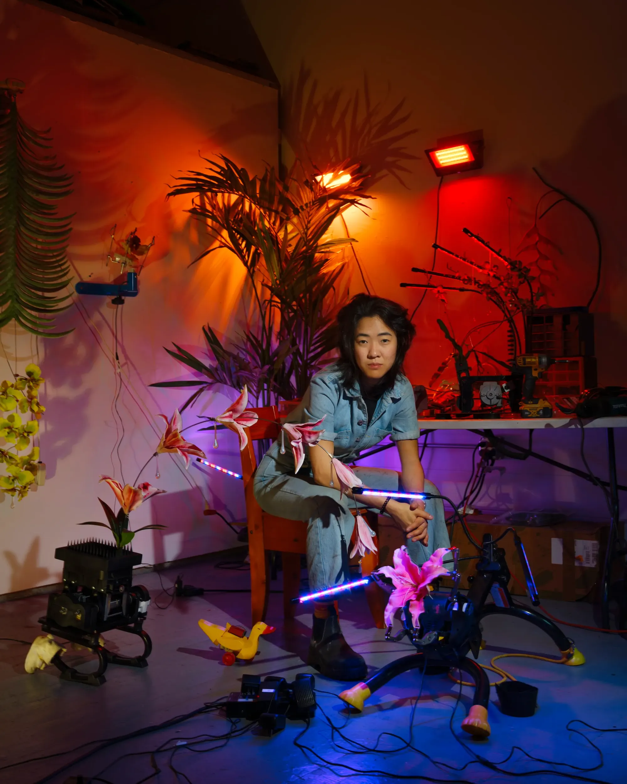 Rachel Youn - artist portrait in fron of her sculpture artworks