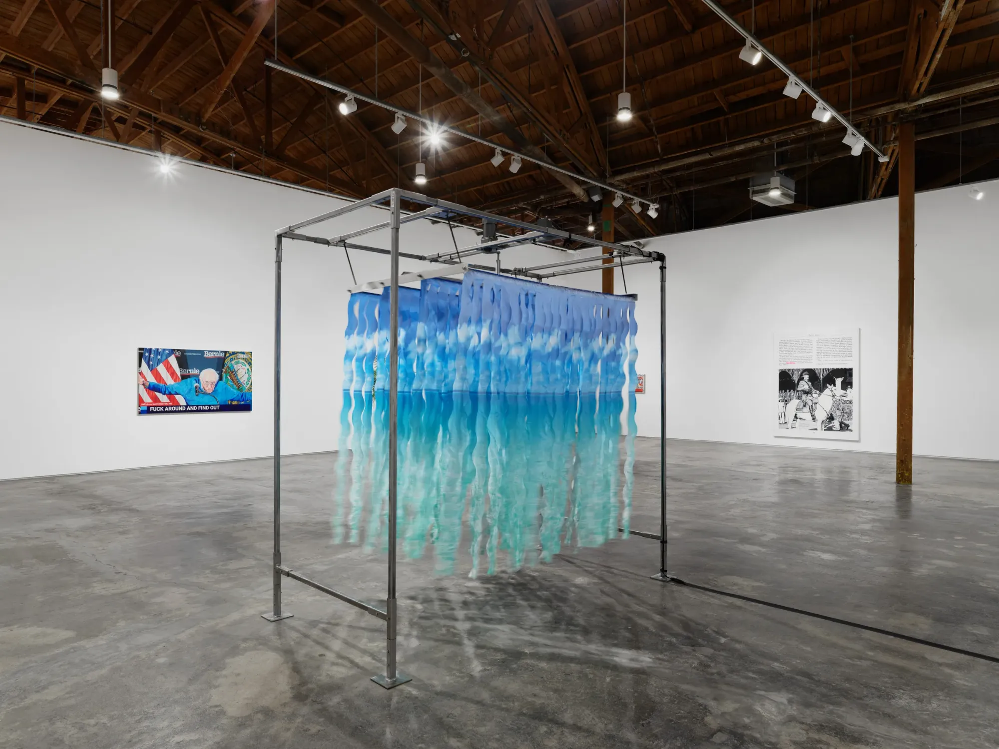 Night Gallery Exhibiton Factory Doomscroll, installation view, works by Christine Tien Wang and Rachel Youn. about memes, motors, and the labor of the disposable