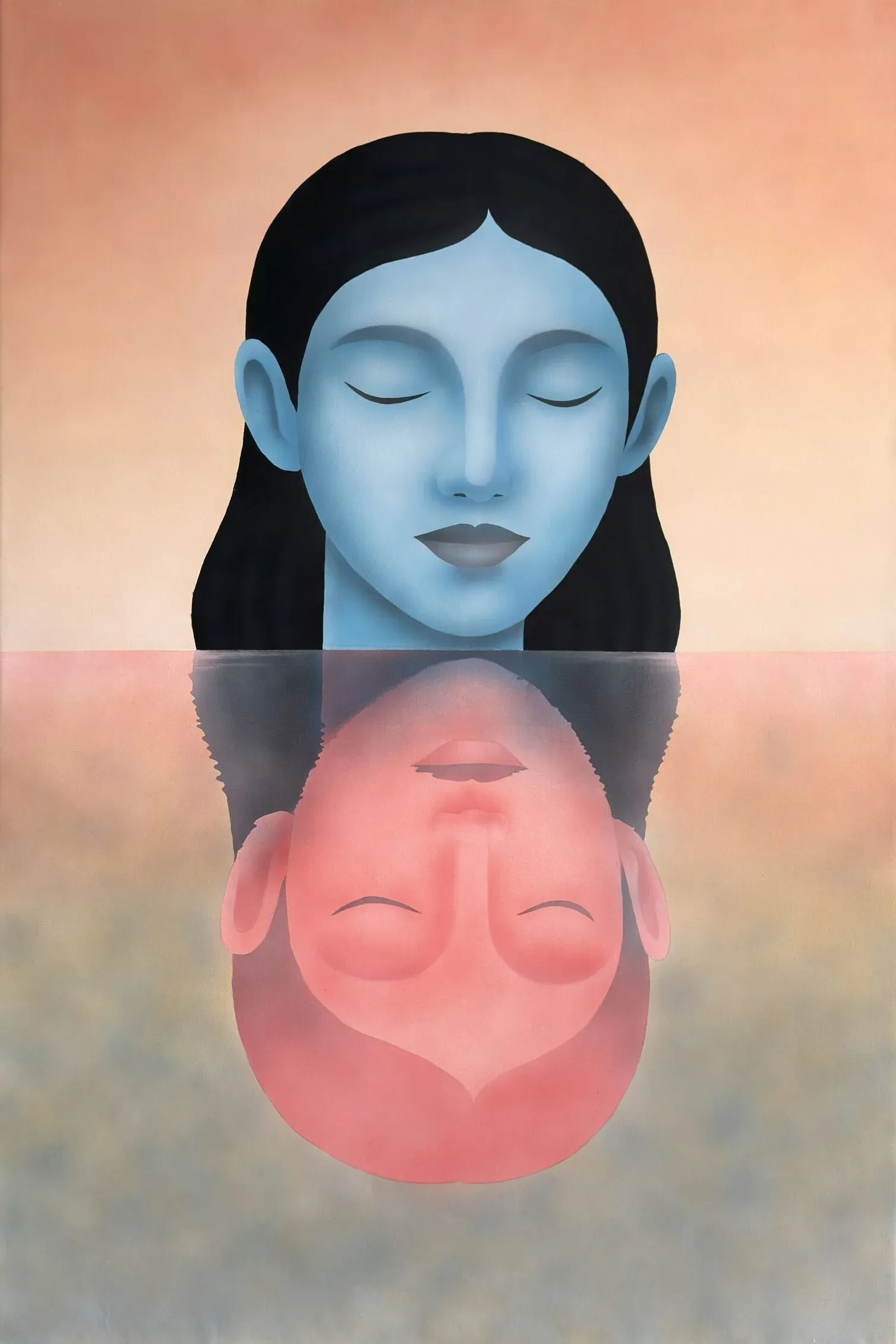 Aziya Ikhtymbayeva airbrush painting of a female face with closed eyes reflected in water, shifting from cool blue to warm red tones