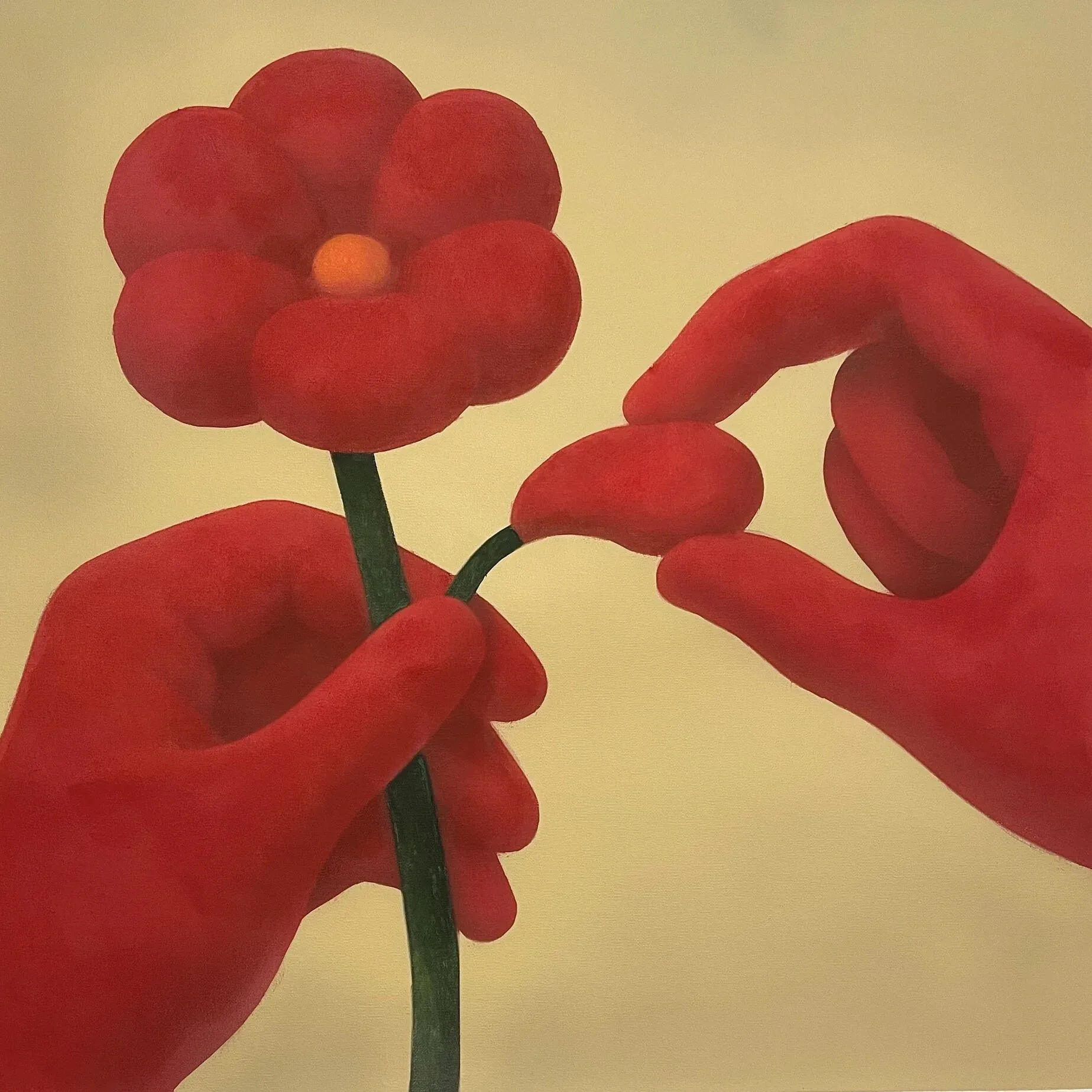 Aziya Ikhtymbayeva painting of red hands holding and reshaping a stylized red flower on a green stem