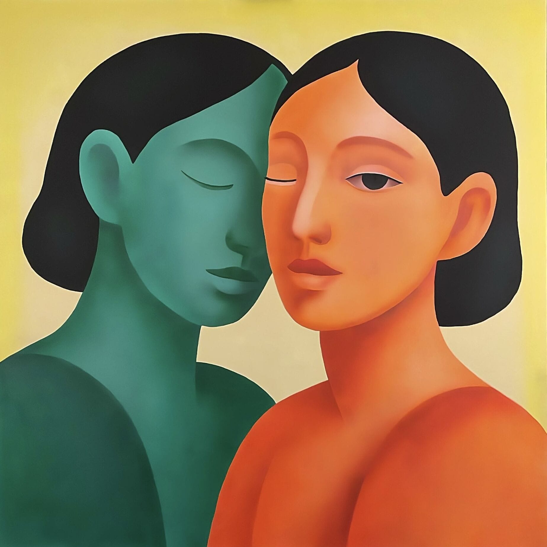 Aziya Ikhtymbayeva painting of two overlapping female figures in green and orange tones, one with eyes closed and one looking outward