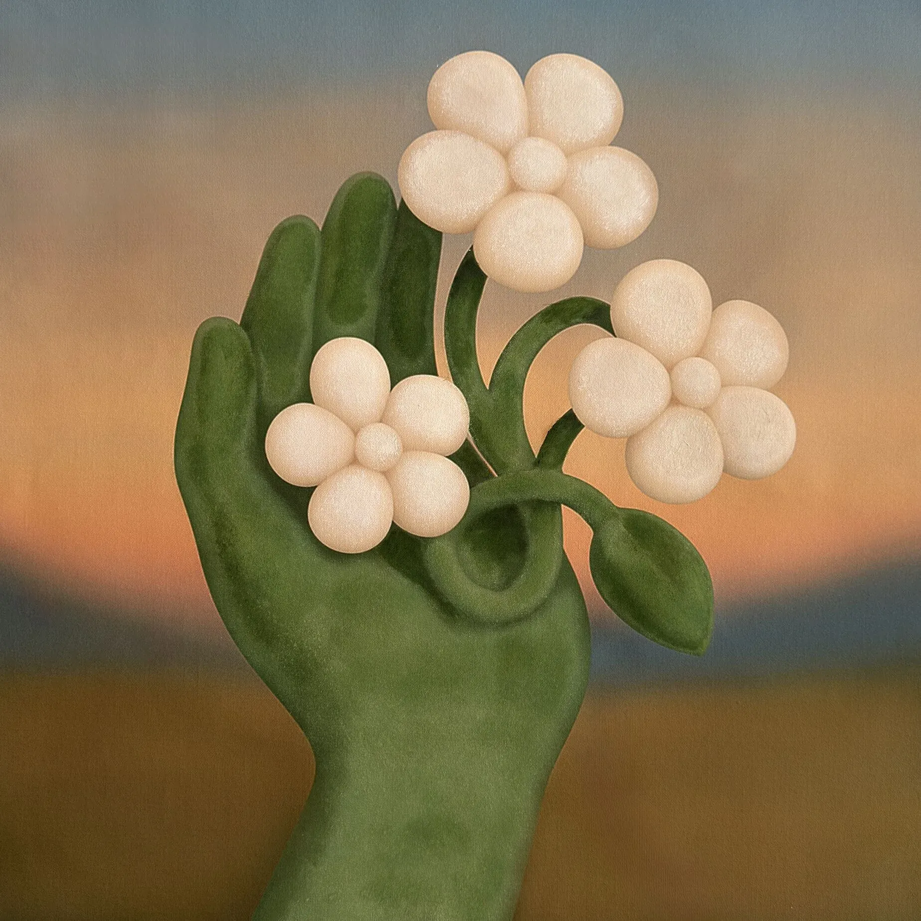 Aziya Ikhtymbayeva painting of a green hand holding stylized white flowers against a soft landscape background
