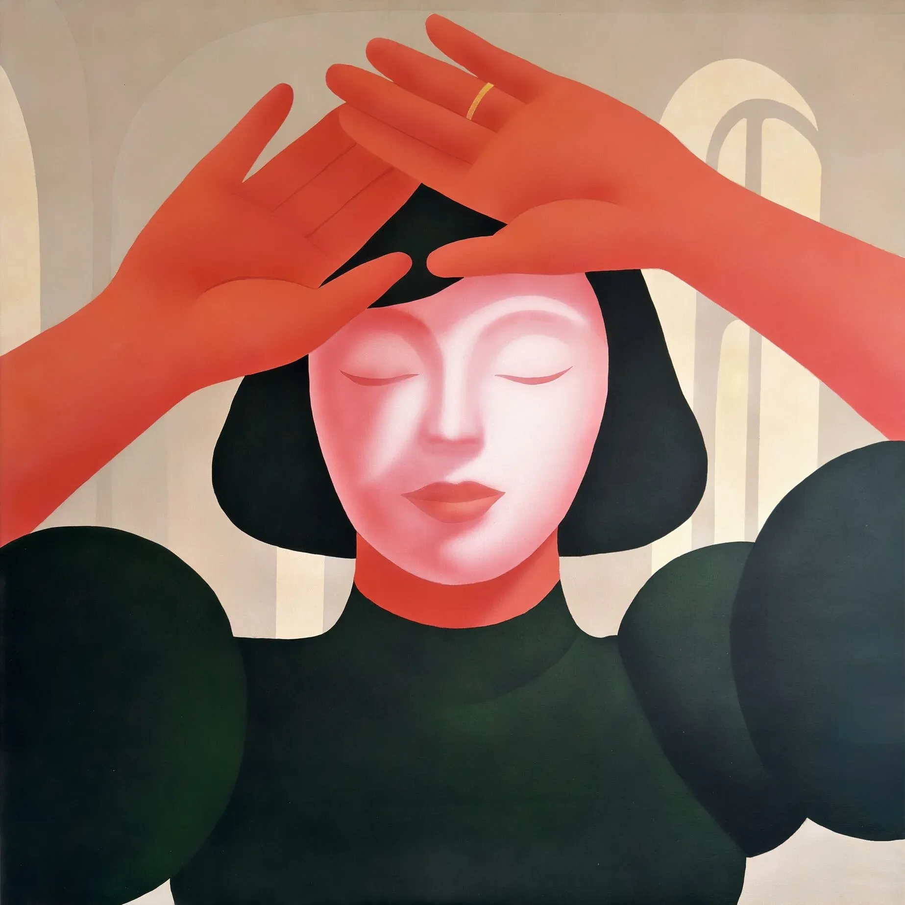 Aziya Ikhtymbayeva painting of a female figure with closed eyes framed by red hands, softly illuminated against an architectural background