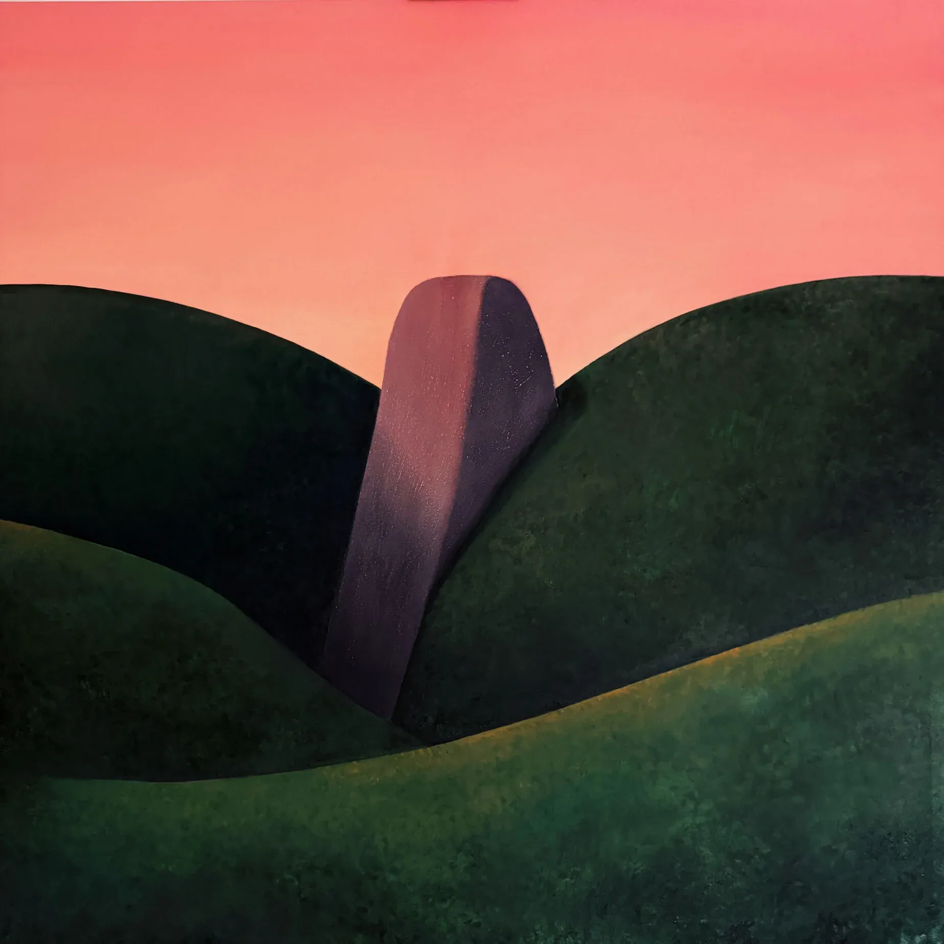Aziya - new painter in focus from Kazakhastan , Almaty, Aziya Ikhtymbayeva oil painting of a sculptural vertical form emerging between dark green landscape-like shapes under a pink sky
