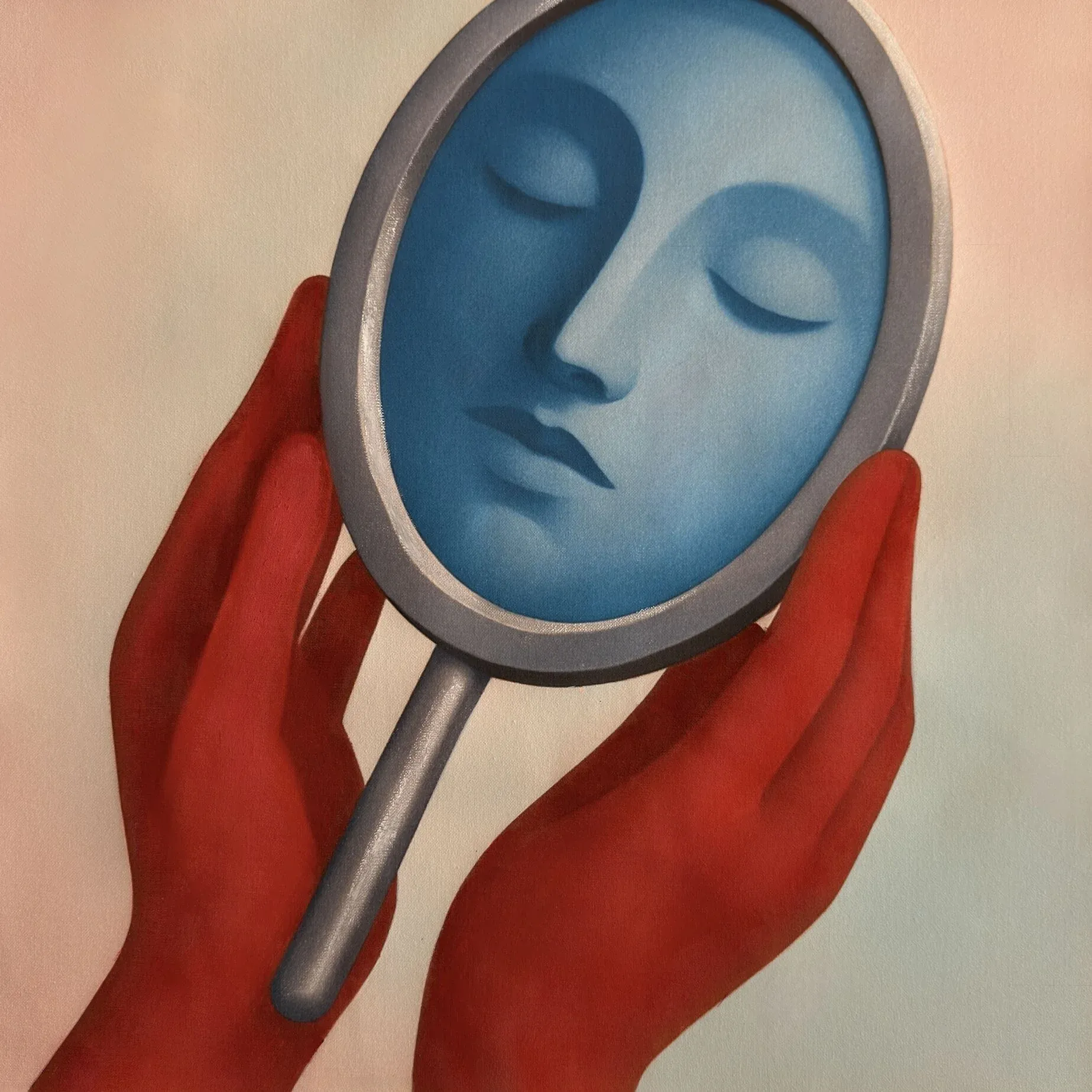 Aziya Ikhtymbayeva painting of red hands holding a mirror reflecting a blue female face with closed eyes