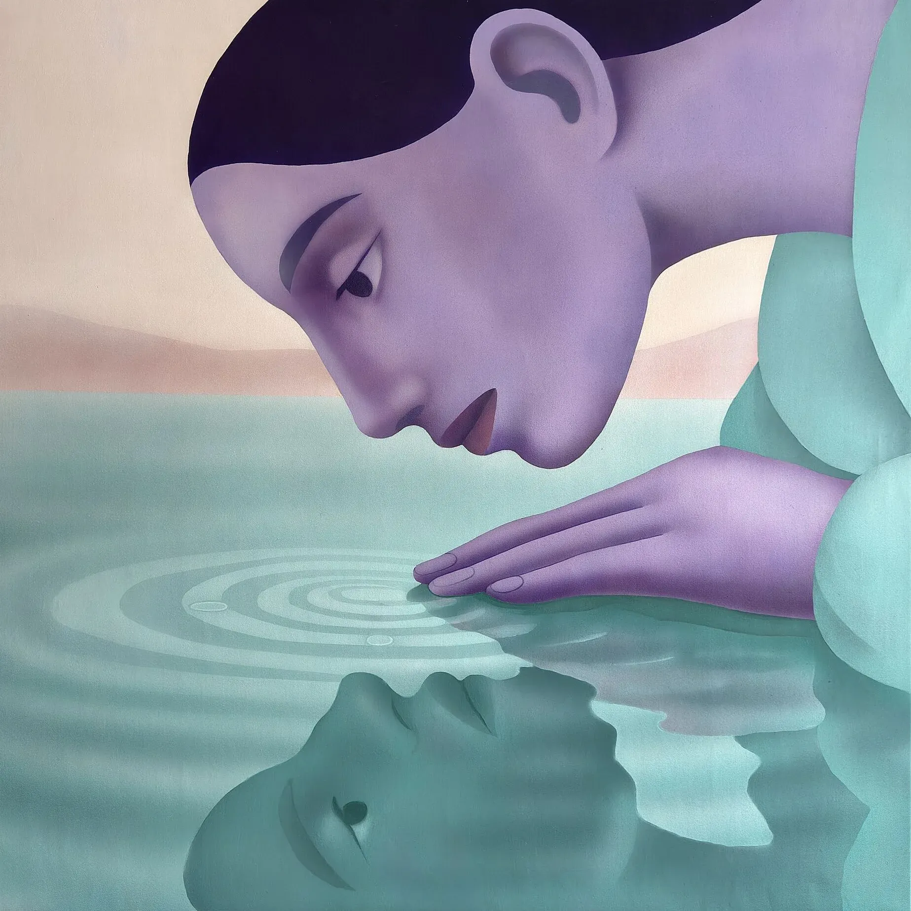 Aziya Ikhtymbayeva airbrush painting of a purple-toned female figure touching water, creating ripples with a mirrored face reflection - catapult artist in focus series - munchies art club