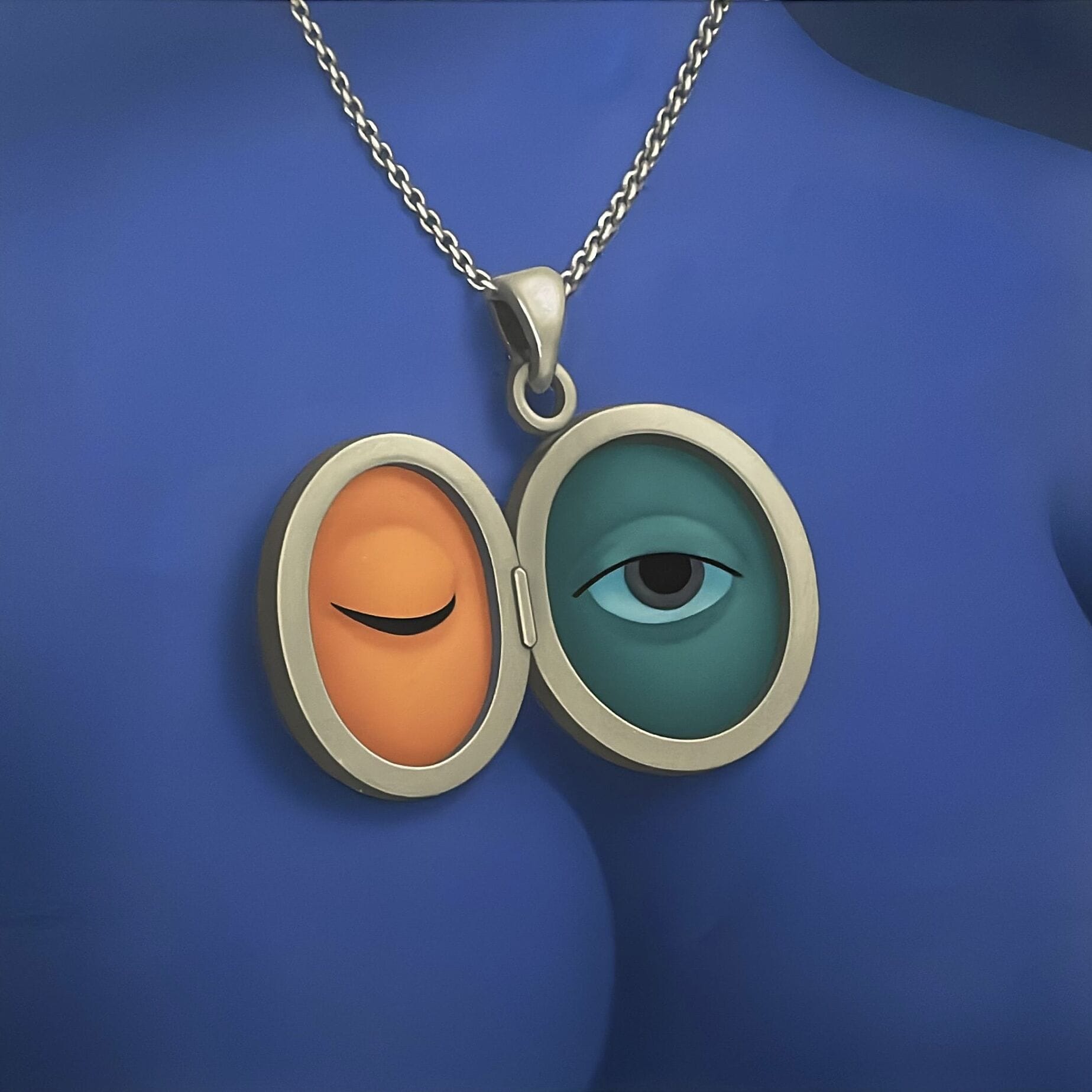 Aziya Ikhtymbayeva painting of an open locket pendant with one closed eye and one open eye against a blue figure