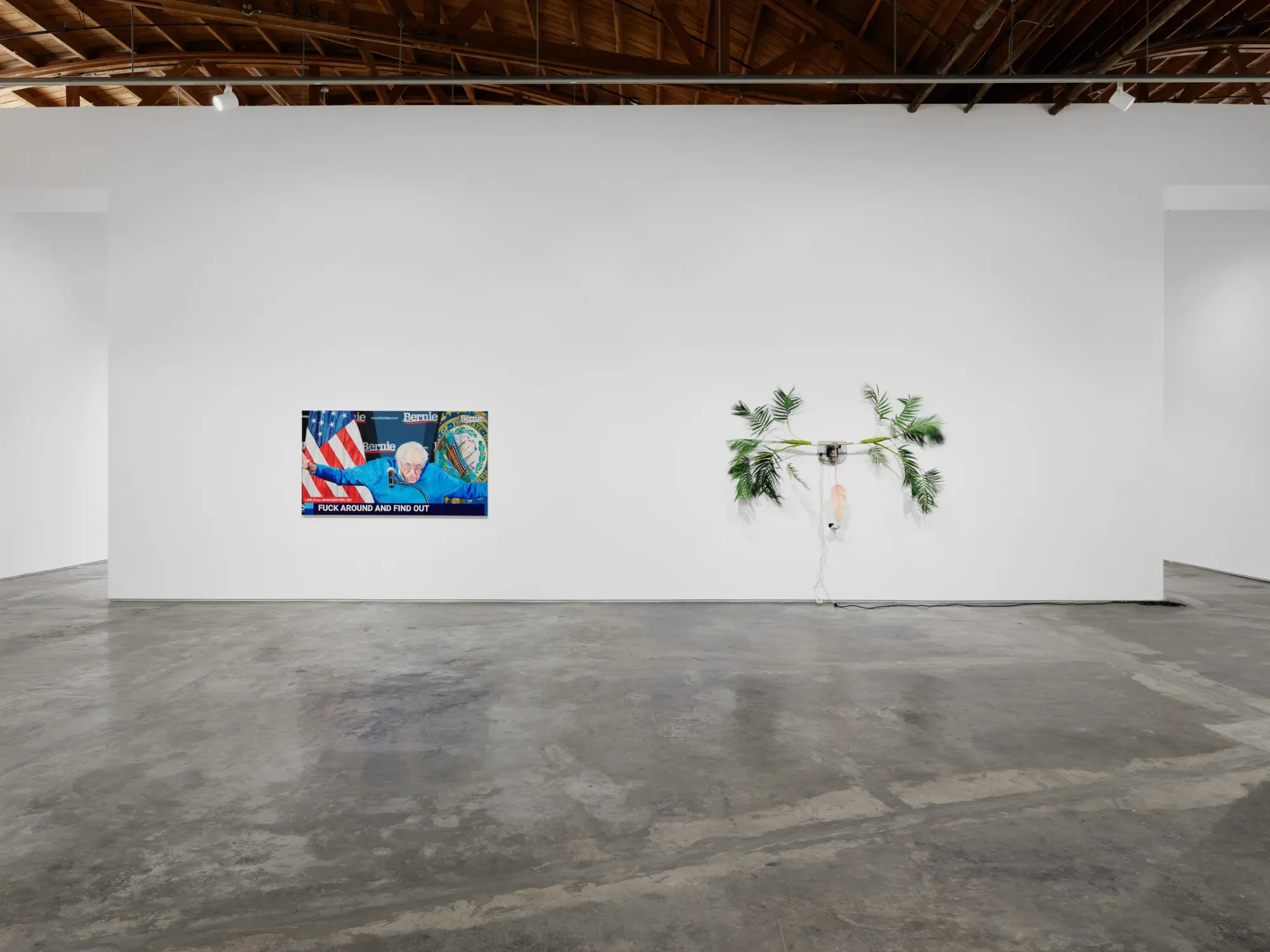 Night Gallery, Factory Doomscroll, installation view, works by Christine Tien Wang and Rachel Youn. about memes, motors, and the labor of the disposable