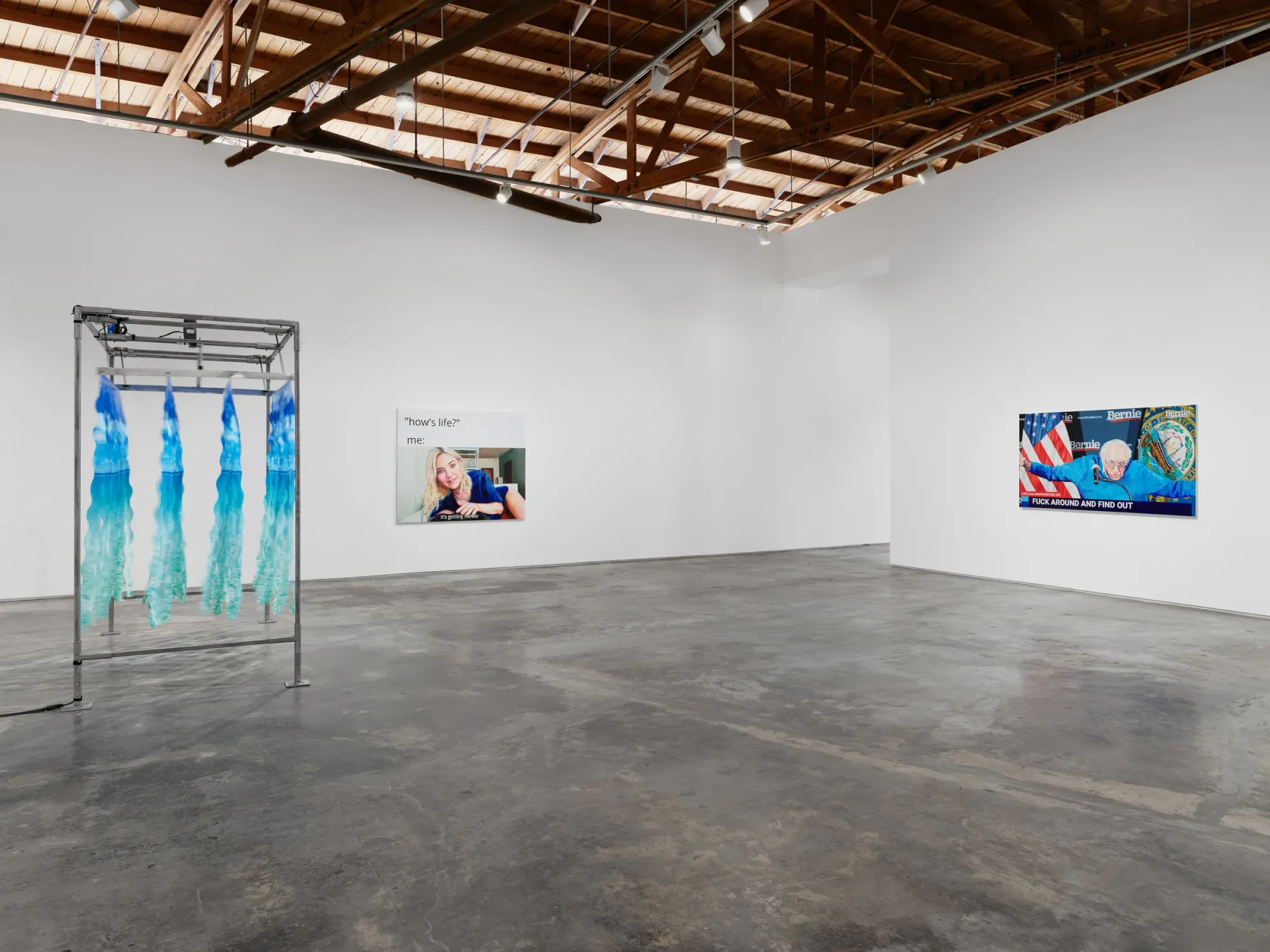 Night Gallery, Los Angeles. installation view, works by Christine Tien Wang and Rachel Youn. about memes, motors, and the labor of the disposable
