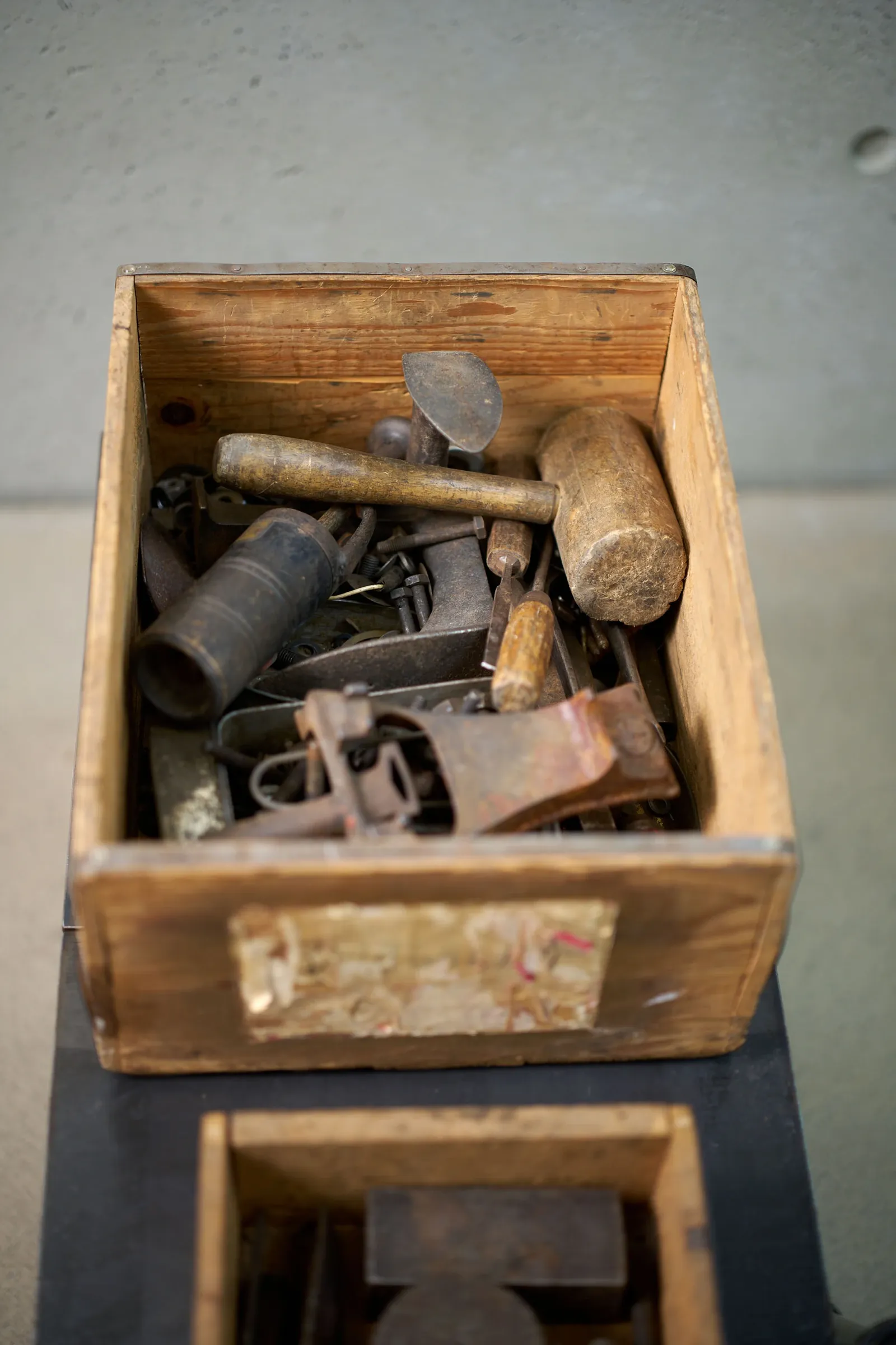 - Ramesch Daha (right), Box of Tools #1 and #2, 2019 Wooden box, tool