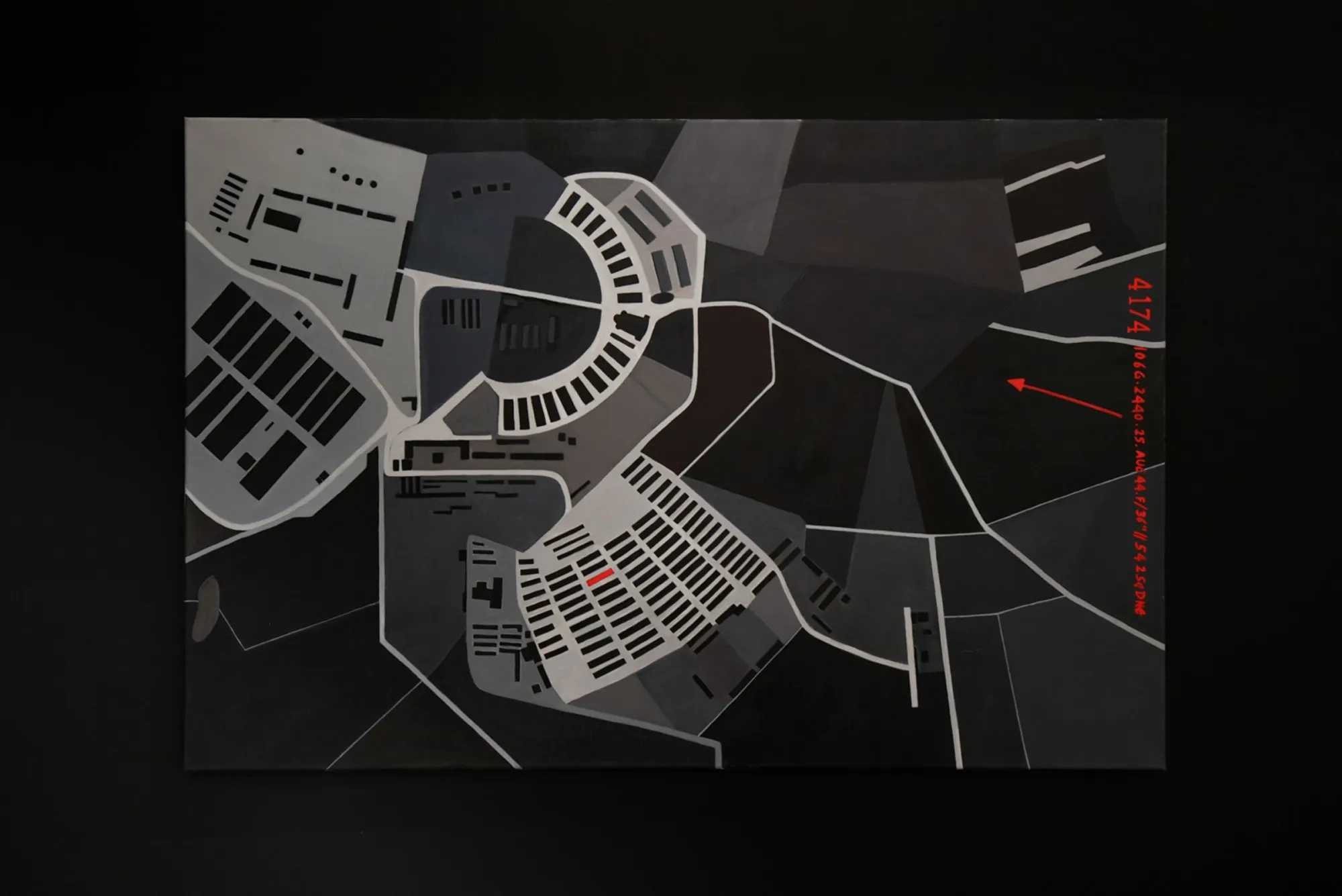 Ramesch Daha concentration camp diagram painting coordinates red marking abstract spatial structure