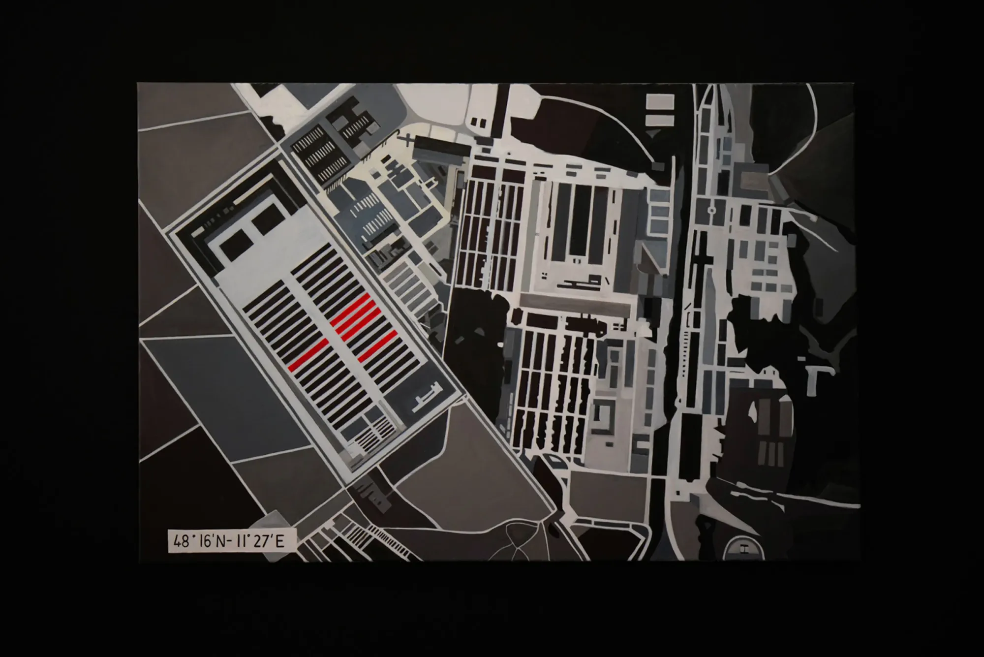 Ramesch Daha concentration camp map painting aerial layout geometric composition grey black red detail
