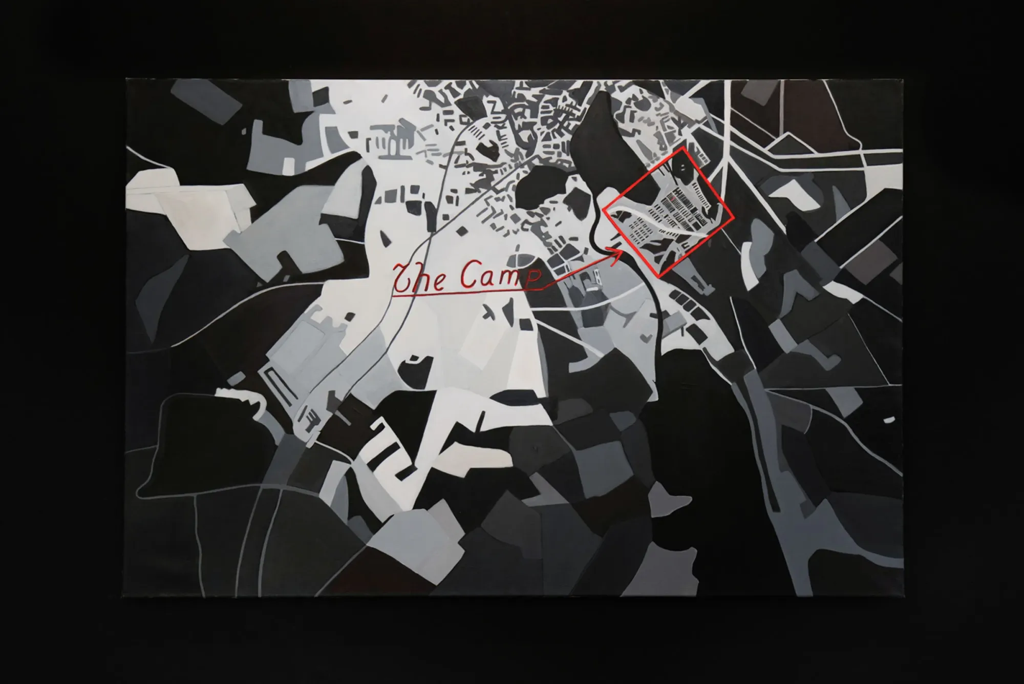 Ramesch Daha camp map painting with red annotation The Camp architectural abstraction aerial view