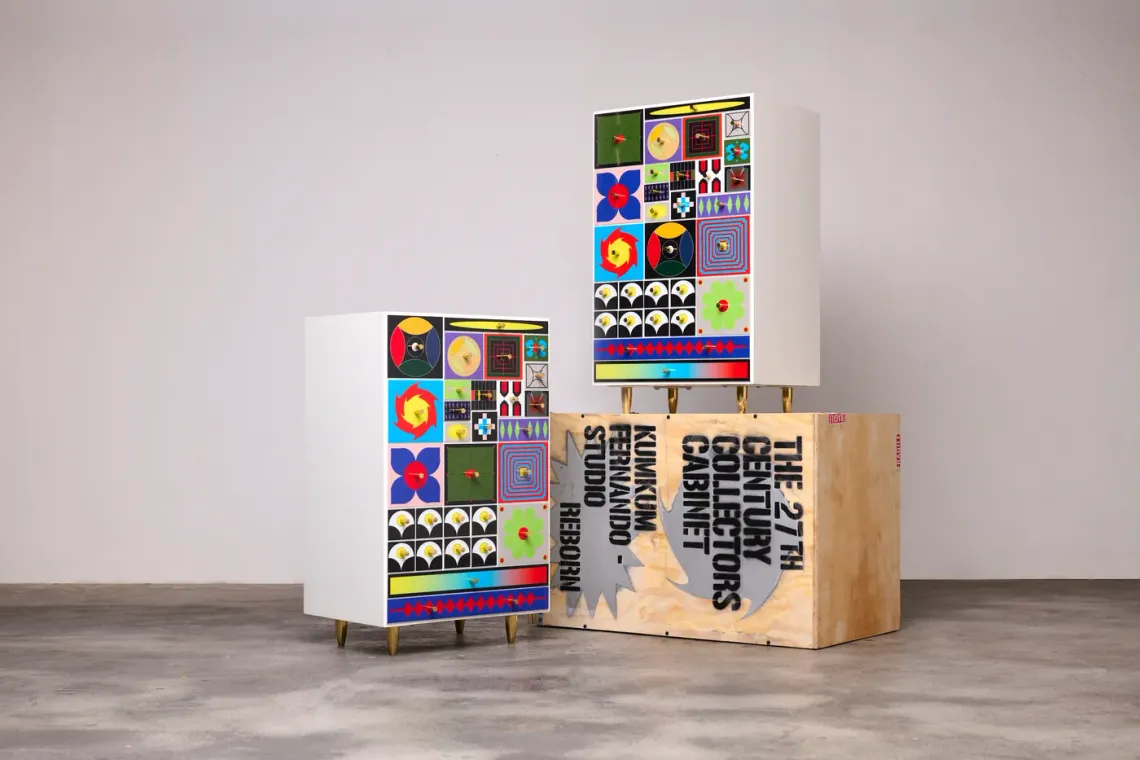 Kumkum Fernando – The 27th Century Collector’s Cabinet, limited edition lacquered cabinet with brass detailing, blending Asian temple design, psychedelic patterns, and futuristic geometry. 