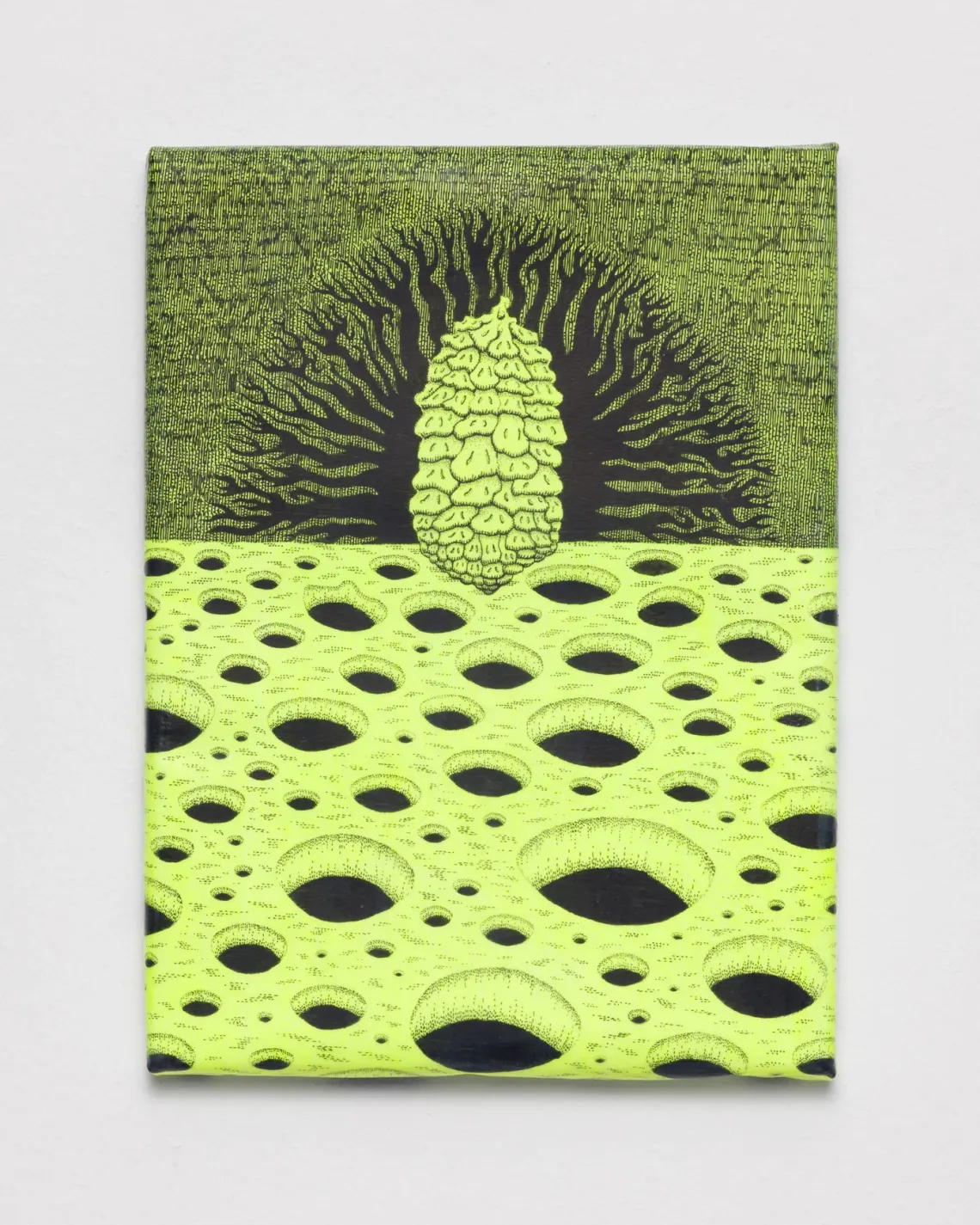 Neon ink drawing by Stefan Bakmand: seed-like form with radiating lines above a cratered field on luminous green, suggesting spores and mapped growth.