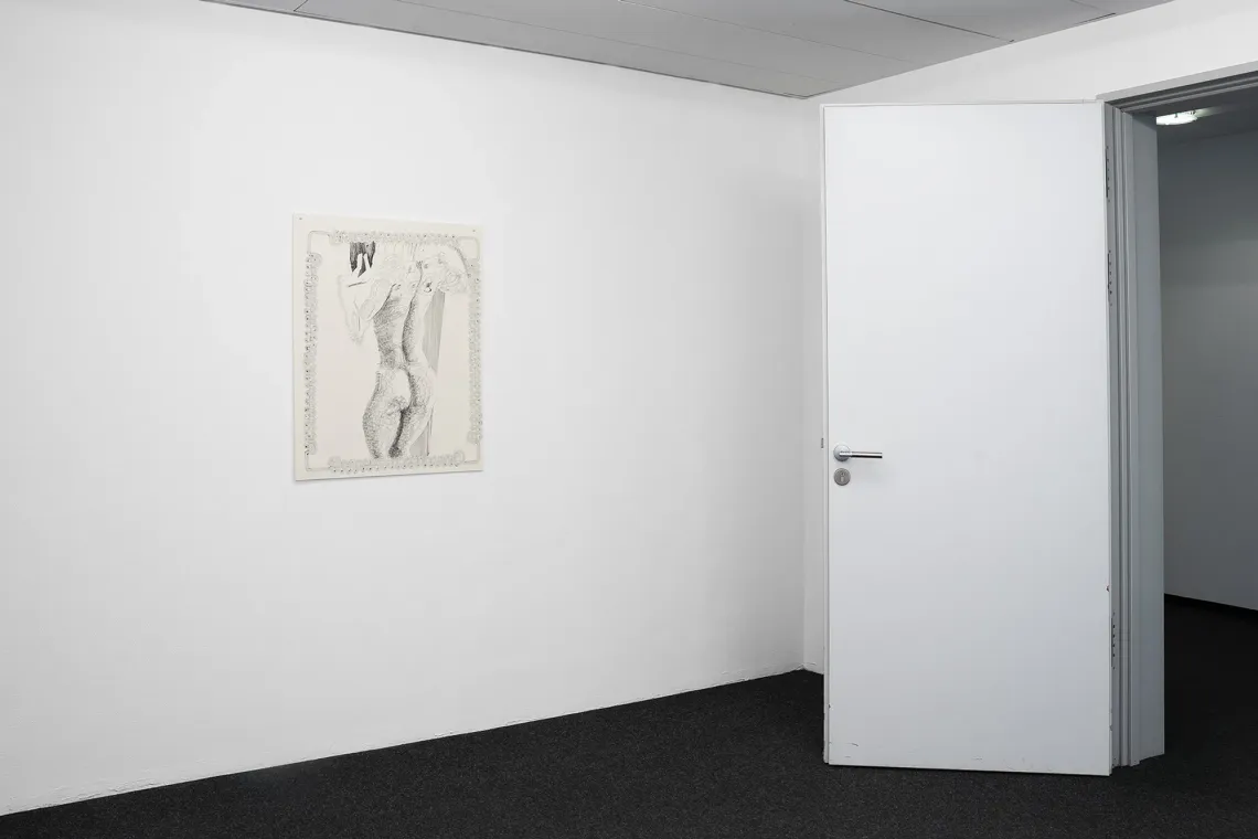 GOODBANK presents Katharina Schücke's Spiegel, Frankfurt. Maja Dana Lisewski curato Ink drawings interrogate the mirror selfie as site of staging and control. 