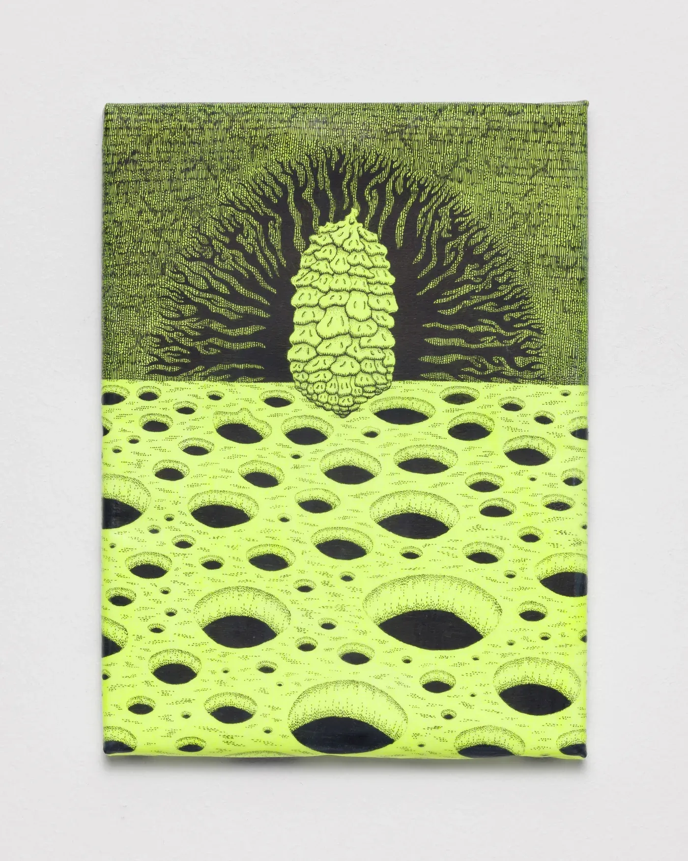 Neon ink drawing by Stefan Bakmand: seed-like form with radiating lines above a cratered field on luminous green, suggesting spores and mapped growth.