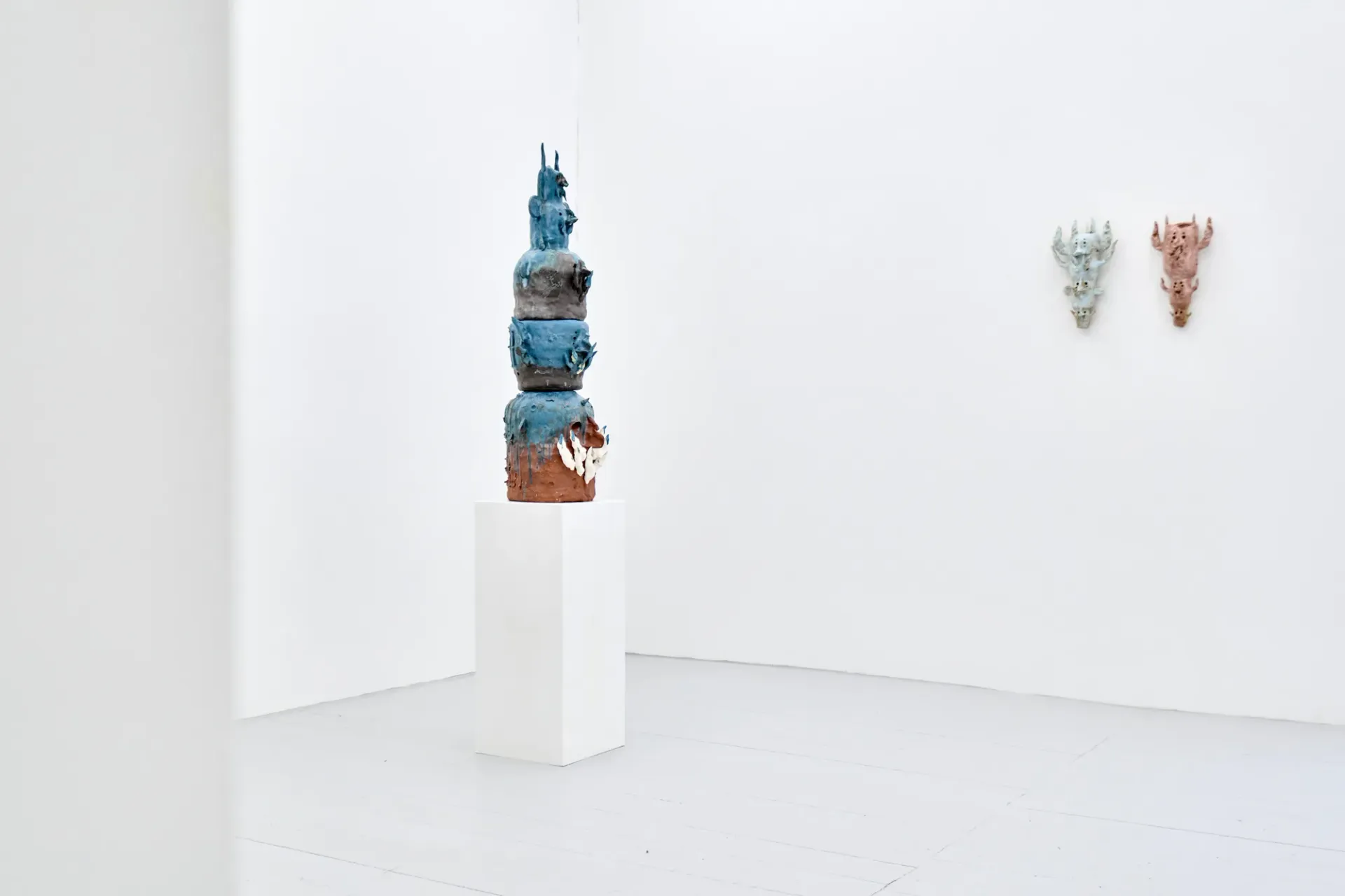 Installation view of Mother of Many by Michael Kærgaard at HAGD Contemporary, Aalborg, featuring stacked stoneware sculpture curated by rasmus Peter Fischer