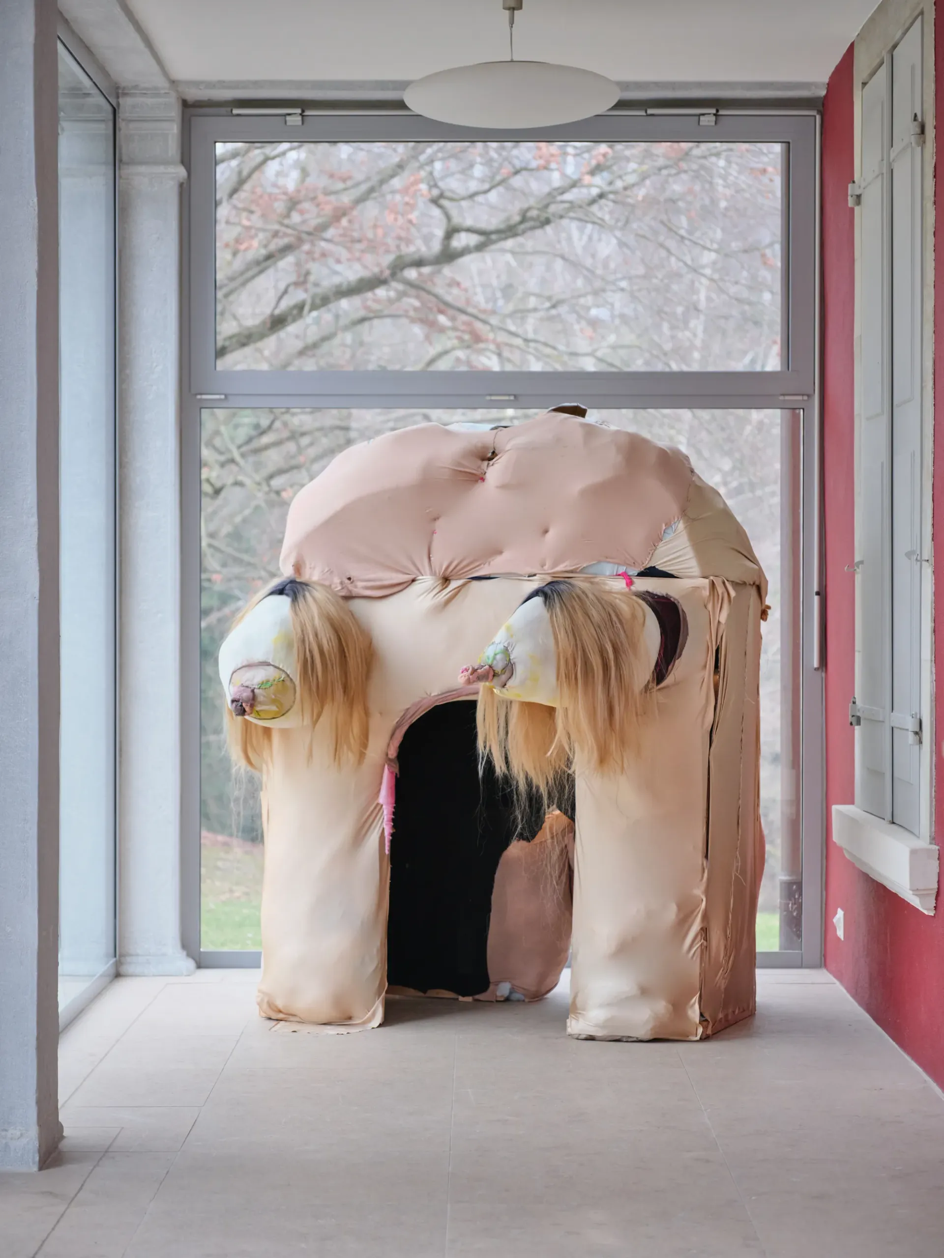 Latefa Wiersch, artwork, Original Features textile sculpture installation at Stitches exhibition Villa Bernasconi Lancy 2026