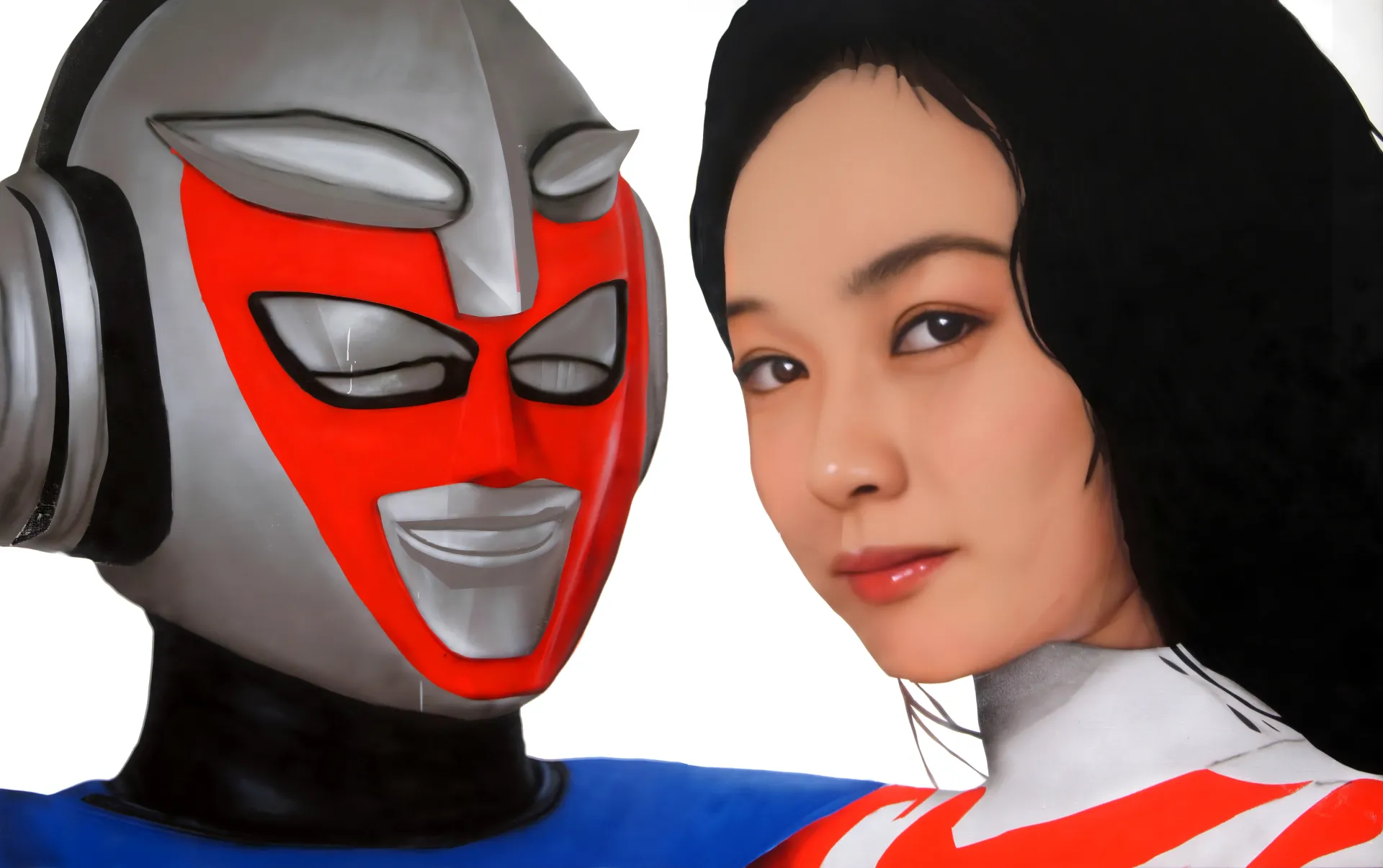 artist focus P.Kim Kimtaegi painting with red masked hero and female portrait from the series Between Mask and Body.